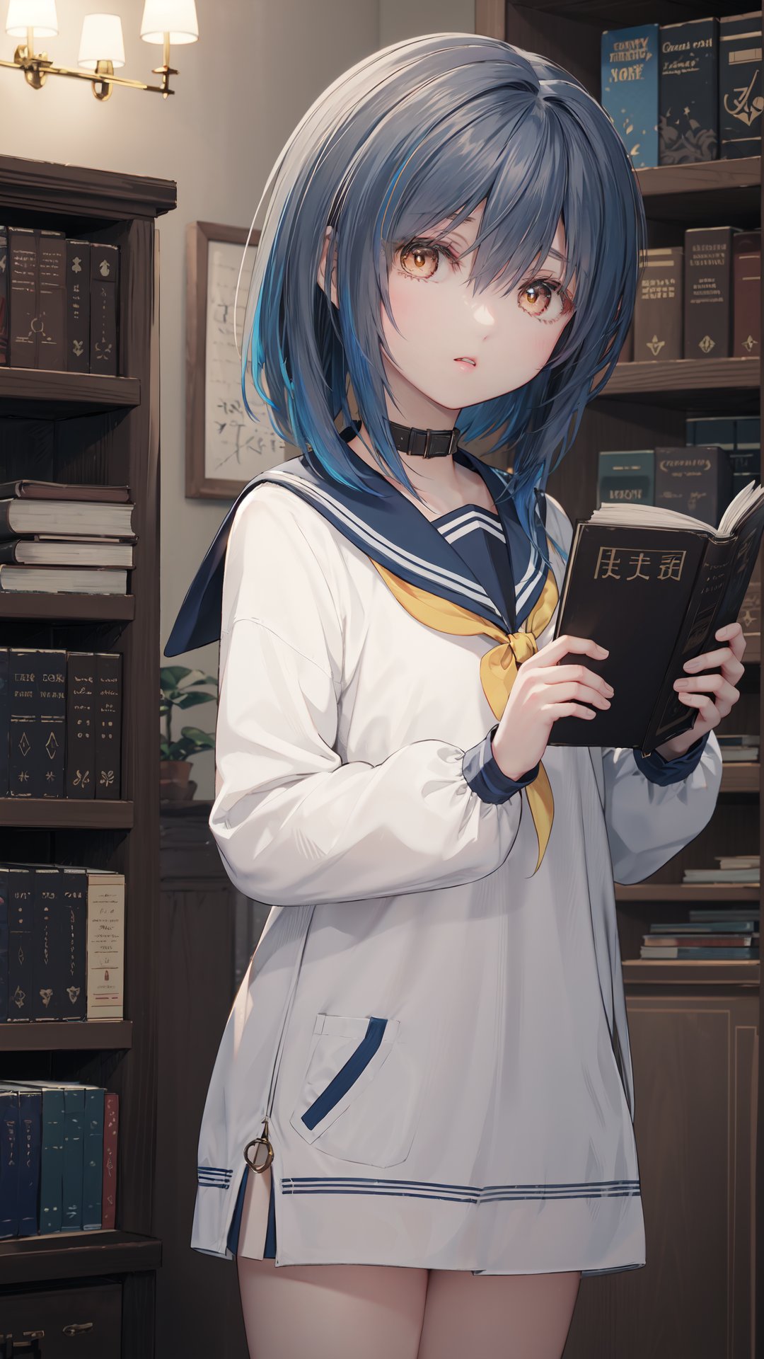 book, 1girl, yellow eyes, bookshelf, library, blue hair, solo, bangs, hair between eyes, parted lips, ponytail, looking at viewer, blurry background, blurry, holding, indoors, short hair, blue sailor collar, sailor collar