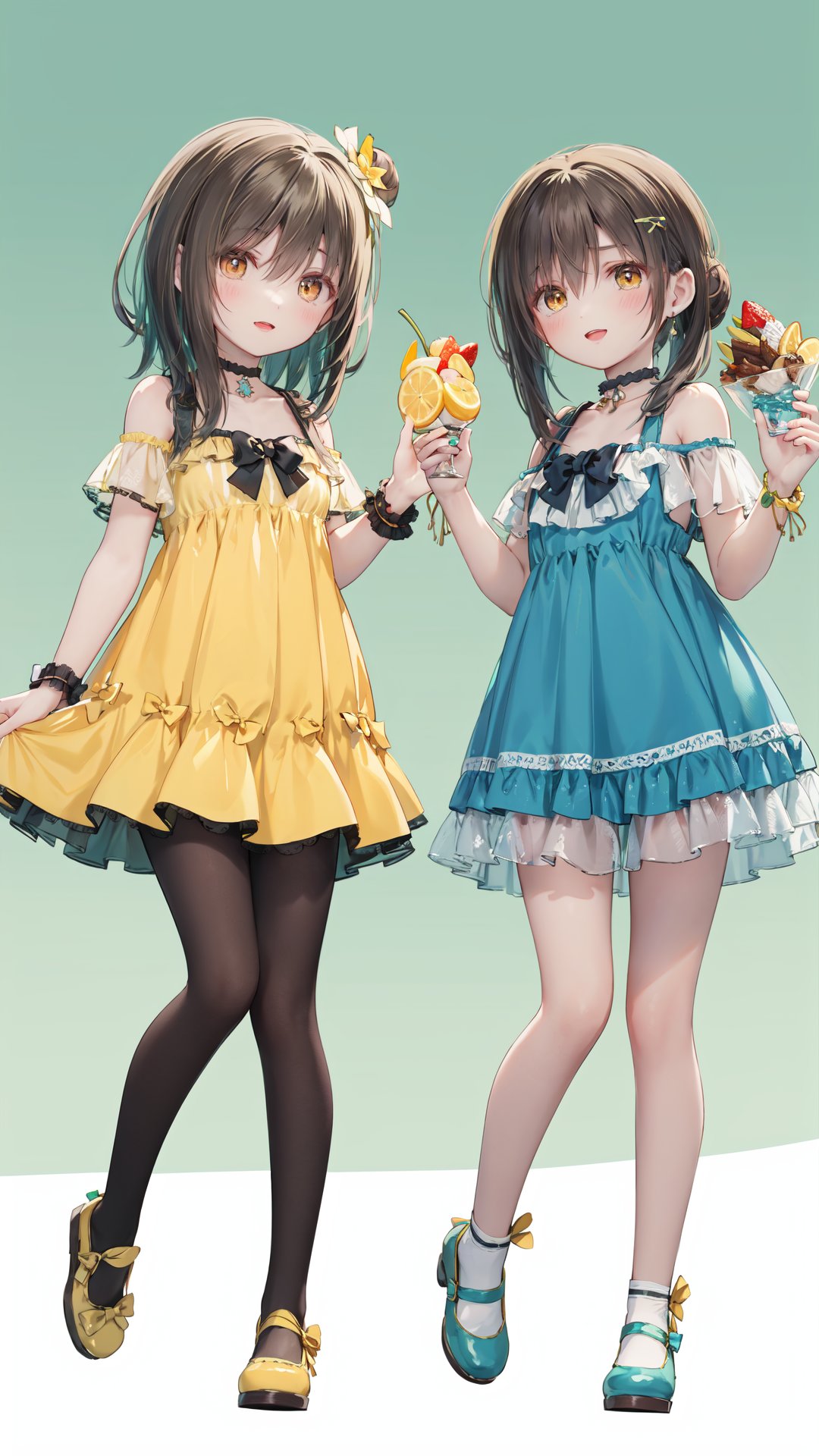 multiple girls, 2girls, dress, lemon, food, shoes, blue hair, long hair, pantyhose, fruit, brown eyes, smile, socks, hair bun, brown hair, lemon slice, bangs, blush, closed mouth, single hair bun, standing, short sleeves, hair ornament, looking at viewer, green dress, hairclip, see-through, collarbone, bare shoulders, choker, standing on one leg, green footwear, short hair, open mouth, blue background, off-shoulder dress, full body, brown footwear, hair between eyes, yellow choker, frills, off shoulder, parted lips, sleeveless dress, yellow footwear, sleeveless, yellow dress, yellow eyes, food-themed hair ornament, :d, bow