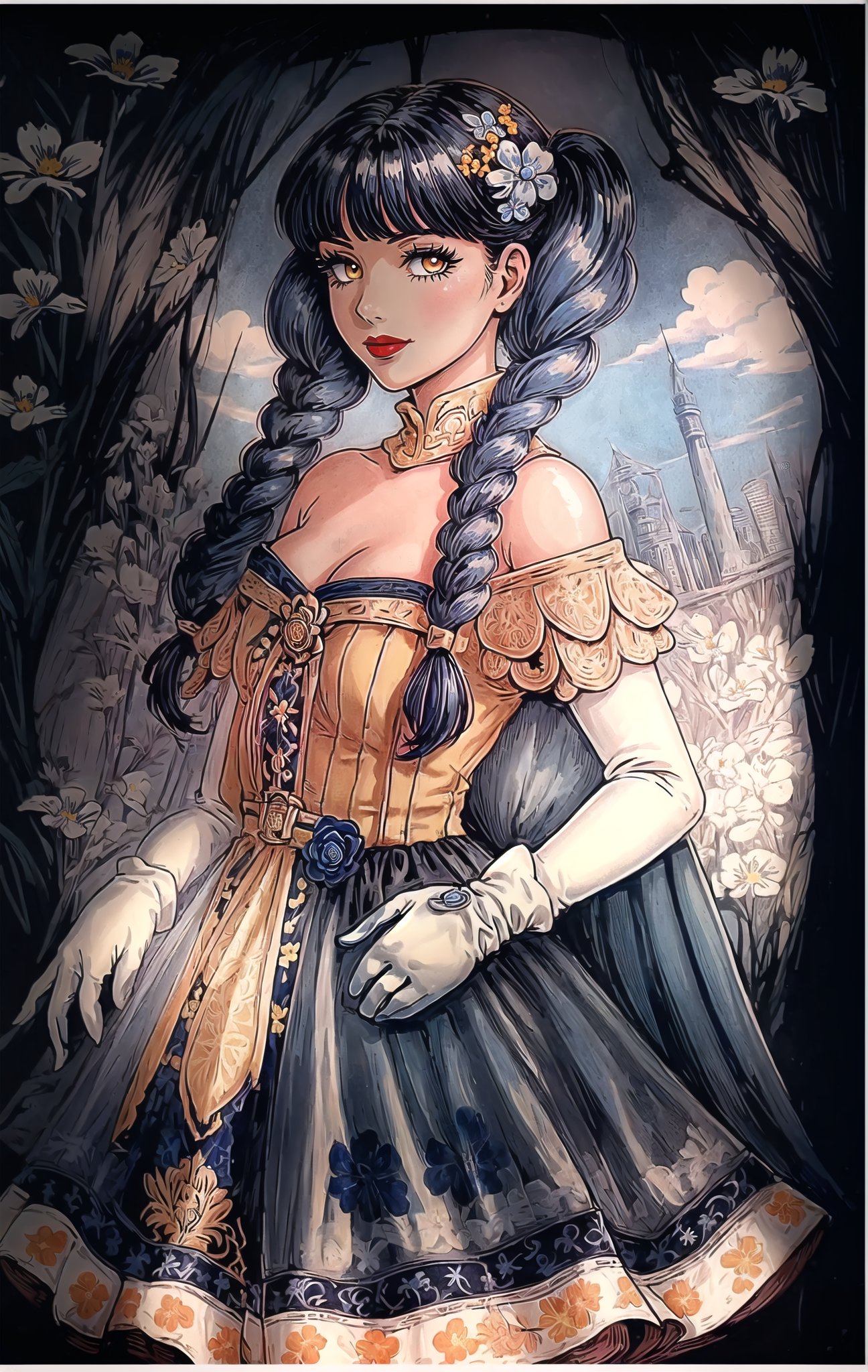 (Masterpiece),  (highres),  8k,  (traditional media:1.2),  manga,  digital illustration,  2d,  retro artstyle,  (ultra-detailed portrait of a girl in a doll dress in a garden,  floral print,  beautiful,  (solo),  fantasy city,  gloves,  colorful,  extremely detailed,  detailed face,  lipstick,  twintails,  dark blue hair,  yellow eyes,  from below,  from side,  looking back,  looking at viewer,  stylish,  expressive,  smirk,  smug, , mature female,  looking to the side,  shoulder cape,  cool,  aged up,  officer,  intricate watch,  head tilt,  looking at viewer,  v arms,  cowboy shot,  fully clothed,  (8k resolution),  (blue and white theme:1.3),<lora:EMS-179-EMS:0.300000>