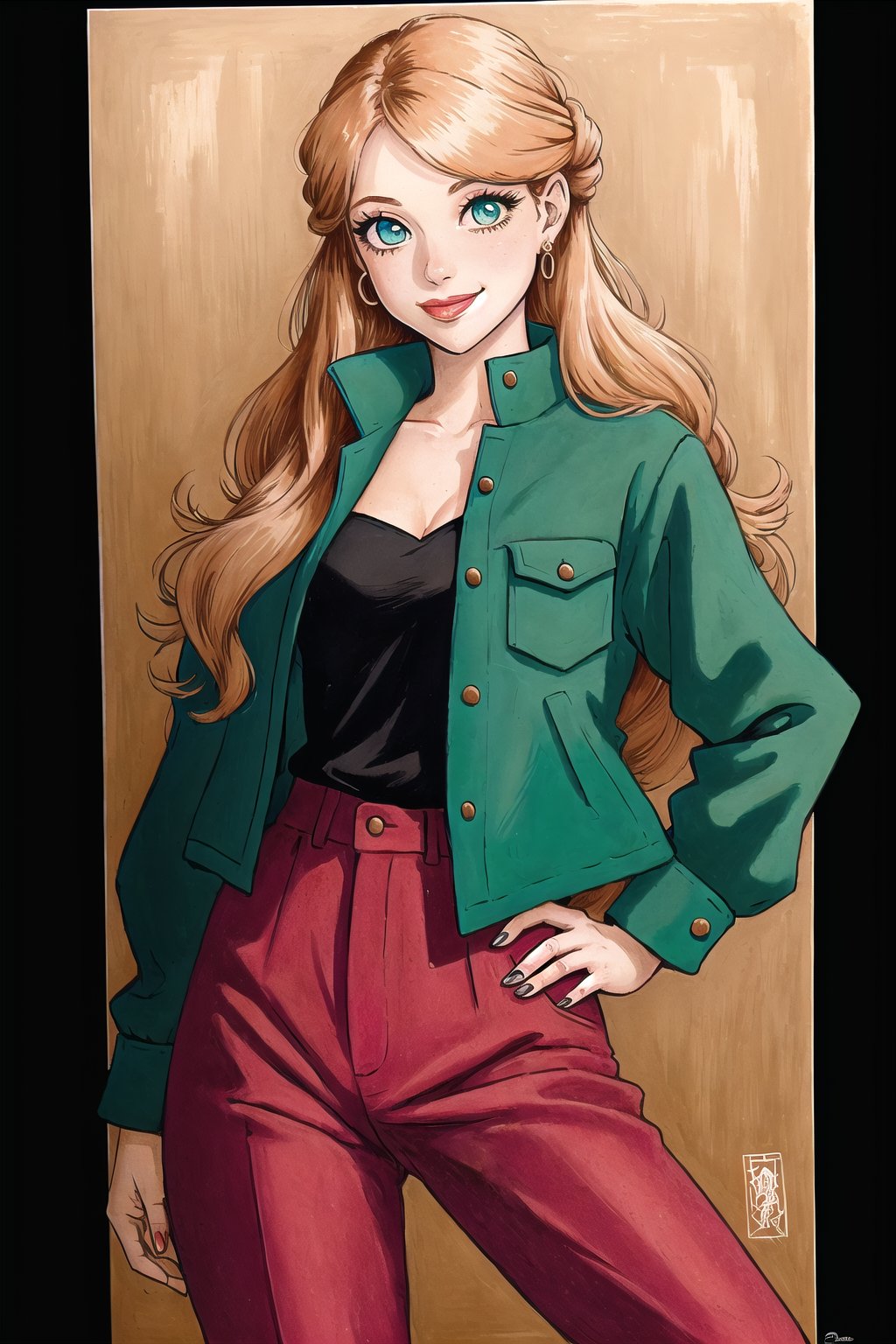 (Masterpiece),  (highres),  8k,  (traditional media:1.2),  manga,  digital illustration,  2d,  retro artstyle,  (ultra-detailed portrait of a woman,  shirt,  jacket,  pants,  hand on hip,  contrapposto,  jewelry,  half updo,  wavy hair. very long hair,  colorful,  extremely detailed,  detailed face,  detailed eyes,  lipstick,  orange hair,  green eyes,  smile,  looking at viewer,  cowboy shot,  fully clothed,  (8k resolution)