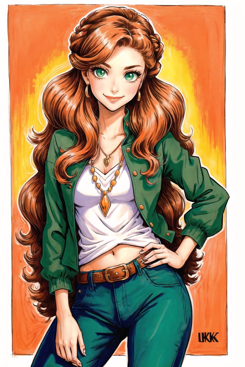 (Masterpiece),  (highres),  8k,  (traditional media:1.2),  manga,  digital illustration,  2d,  retro artstyle,  (ultra-detailed portrait of a woman,  shirt,  jacket,  pants,  hand on hip,  contrapposto,  jewelry,  half updo,  wavy hair. very long hair,  colorful,  extremely detailed,  detailed face,  detailed eyes,  lipstick,  orange hair,  green eyes,  smile,  looking at viewer,  cowboy shot,  fully clothed,  (8k resolution),<lora:EMS-179-EMS:0.300000>