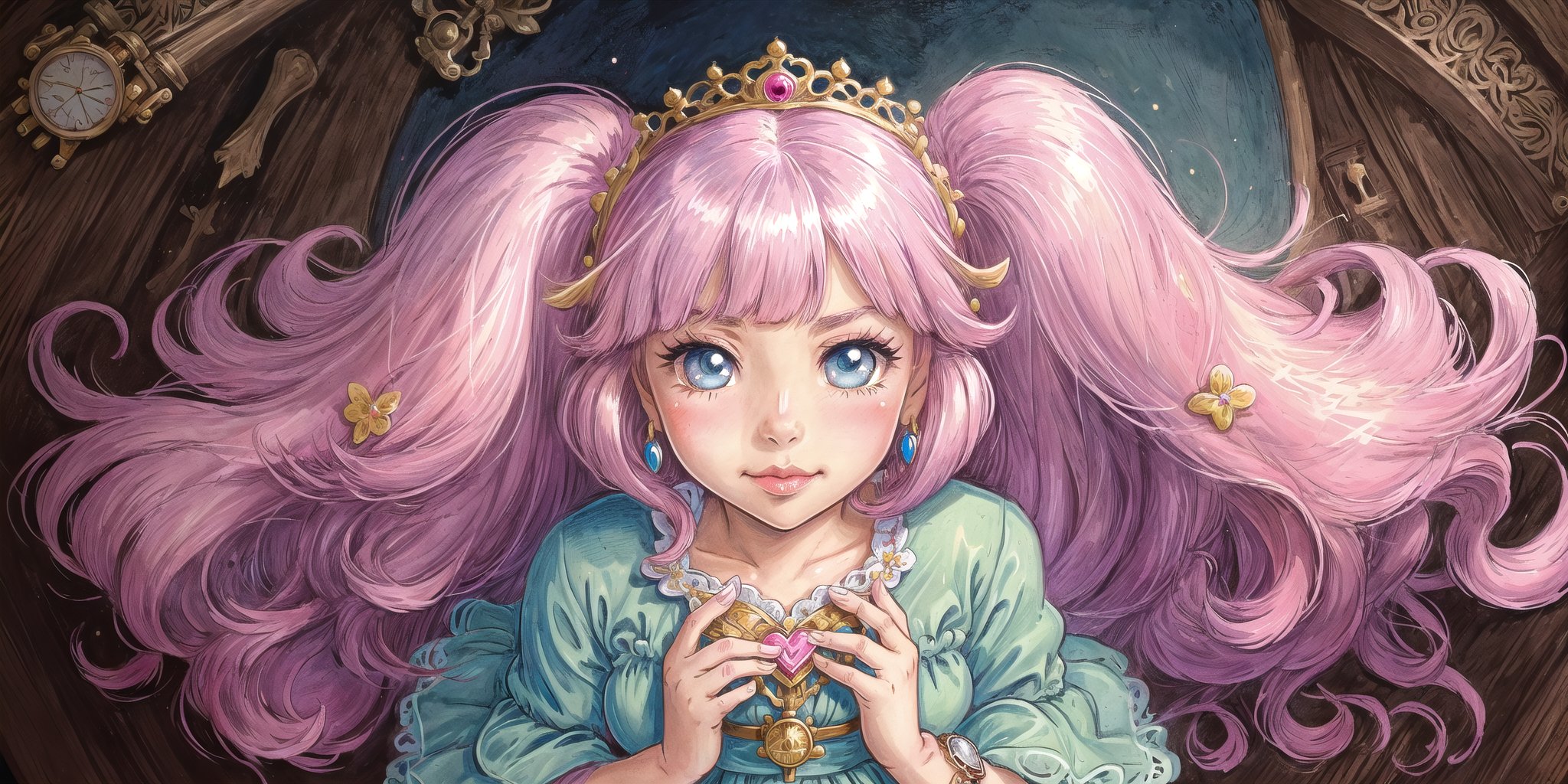 (Masterpiece),  (highres),  8k,  (traditional media:1.2),  manga,  digital illustration,  2d,  retro artstyle,  (ultra-detailed portrait of a girl in a doll dress,  princess,  hair ornament,  lleaning forward,  (pout),  :t,  cheek bulge,  annoyed,  jewelry,  colorful,  extremely detailed,  detailed face,  lipstick,  twintails,  pink hair,  blue eyes,  smile,  stylish,  cute,  expressive,  from above,  blush,  looking to the side,  intricate watch,  head tilt,  looking at viewer,  v arms,  cowboy shot,  fully clothed,  (8k resolution),<lora:EMS-179-EMS:0.300000>