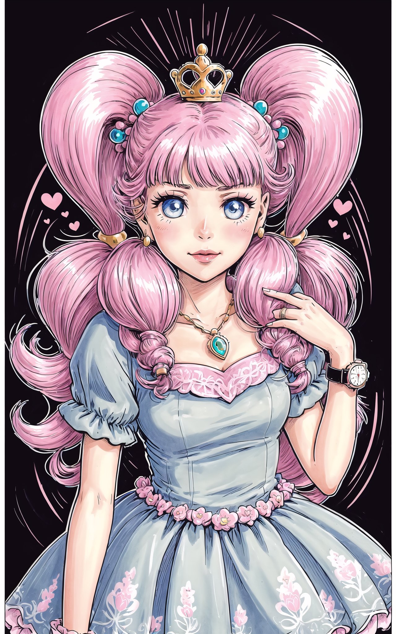 (Masterpiece),  (highres),  8k,  manga,  digital illustration,  2d,  retro artstyle,  (ultra-detailed portrait of a girl in a doll dress,  princess,  hair ornament,  lleaning forward,  (pout),  :t,  cheek bulge,  annoyed,  jewelry,  colorful,  extremely detailed,  detailed face,  lipstick,  twintails,  pink hair,  blue eyes,  smile,  stylish,  cute,  expressive,  from above,  blush,  looking to the side,  intricate watch,  head tilt,  looking at viewer,  v arms,  cowboy shot,  fully clothed,  (8k resolution),<lora:EMS-179-EMS:0.300000>