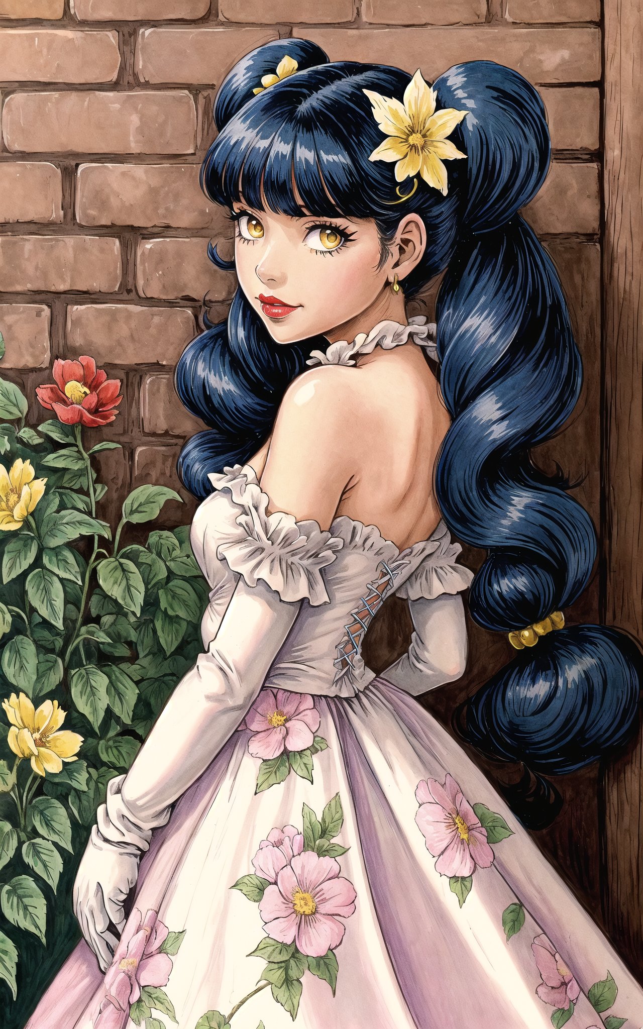 (Masterpiece),  (highres),  8k,  (traditional media:1.2),  manga,  digital illustration,  2d,  retro artstyle,  (ultra-detailed portrait of a girl in a doll dress in a garden,  floral print,  beautiful,  princess,  hair ornament,  leaning against wall,  gloves,  colorful,  extremely detailed,  detailed face,  lipstick,  twintails,  dark blue hair,  yellow eyes,  from below,  from side,  looking back,  looking at viewer,  stylish,  expressive,  smirk,  smug, , mature female,  looking to the side,  shoulder cape,  cool,  aged up,  officer,  intricate watch,  head tilt,  looking at viewer,  v arms,  cowboy shot,  fully clothed,  (8k resolution),<lora:EMS-179-EMS:0.300000>