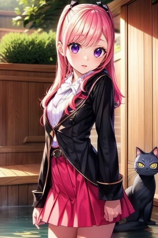 beautiful face,  gradient hair,  masterpiece,  beautiful face,  expression horny,  cute woman,  seductive look,  virgospicca0.1,  pink hair,  long hair,  purple eyes,  twintails,  hair ornament,  black wizard's coat,  purple skirt,  beautiful girl,  small breast,  outdoor embarrassment you see,  Red cheeks,  imkiss,  index standing,  gaze tilted,  arm raised in front of mouth,  hand closed and index finger raised,  black cat on table, in the waters of the hot springs,<lora:EMS-93-EMS:0.800000>,<lora:EMS-234233-EMS:1.000000>,<lora:EMS-74717-EMS:0.800000>