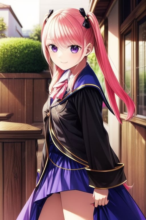 beautiful face,  gradient hair,  masterpiece,  beautiful face,  expression smiling,  cute woman,  seductive look,   virgospicca0.1,  pink hair,  long hair,  purple eyes,  twintails,  hair ornament,  black wizard's coat,  purple skirt,  beautiful girl, , <lora:EMS-234233-EMS:1>, <lora:EMS-93-EMS:0.8>