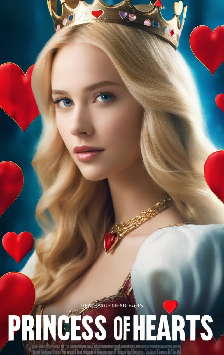 A beautiful blonde girl, close-up, portrait, with title "THE PRINCESS OF HEARTS" on it ,Movie Poster, MoviePosterRedAF,,<lora:MoviePosterRedAFConfig4DebiComTE:1>