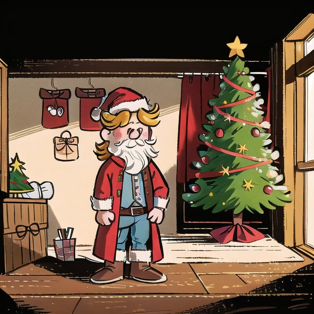 rchibi,  (best quality,  highres),  Red dead redemption style,  western style saloon,  Christmas theme,  Christmas tree,  dark room,  Santa Clause wearing western christmas theme Clothes,  Santa hat,  duster coat,  cowboy shirt,  long leather boots,  IN A DARK ROOM,  Interior,  standing in front of a table,  revolvers,  cigarettes,  narrow beam of light,  atmospheric shadows,  leather jackets and vests,  old wooden table,  Christmas trees,  dust particles floating in the air,  sharp focus,  gritty textures,  vivid colors,  moody lighting",  christmas,  SANTA CLAUS,<lora:EMS-234579-EMS:1.000000>