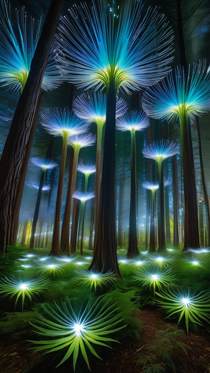  This is a field of beam vortex trees. The trunks of the plants are like rotating light beams, forming a tree-shaped vortex, and the light beams at the top merge to form a strange miniature light vortex. At night, star-like beams of light illuminate this plant area, outlining a fairyland of light.