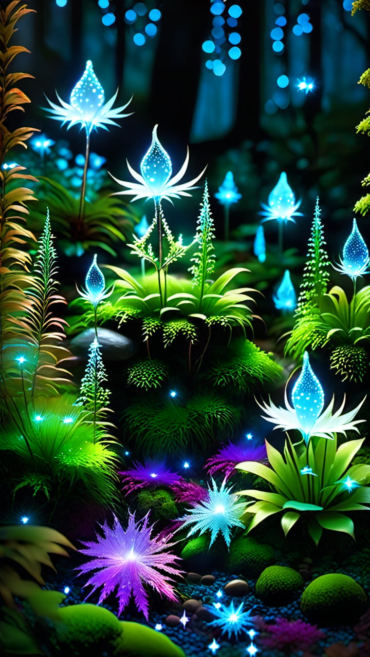  Continuing your stroll through the realm of mysterious plants, you discover a magical area called Starlight Magic Moss. The moss of these plants emits a shimmering light, dotting the surface like stars. Hidden among the moss are tiny Christmas lights, each one containing a mysterious magic. When night falls, the starlight magic moss emits a charming light, embellishing the entire area into a magical starlight forest.