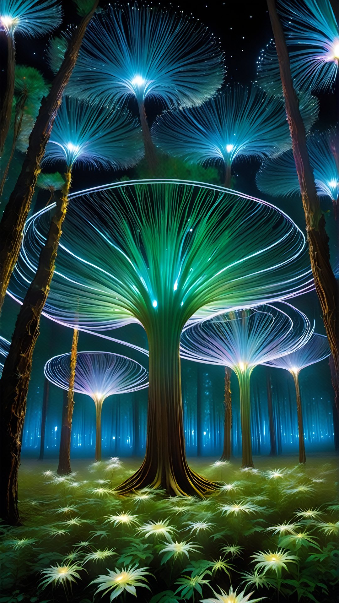  This is a field of beam vortex trees. The trunks of the plants are like rotating light beams, forming a tree-shaped vortex, and the light beams at the top merge to form a strange miniature light vortex. At night, star-like beams of light illuminate this plant area, outlining a fairyland of light.