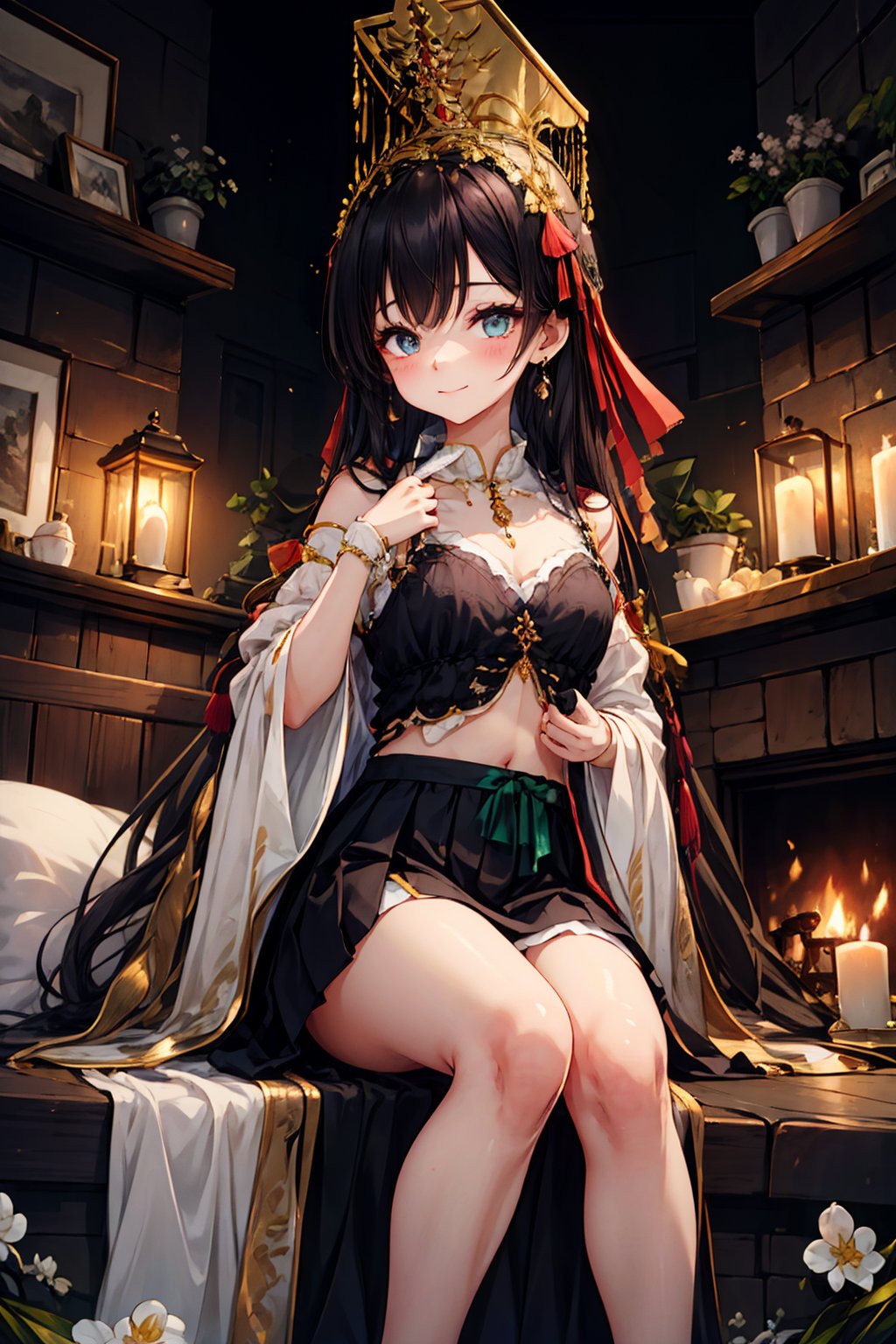 1girl, loli, fire, long_hair, jewelry, solo, navel, earrings, nail_polish, sunset, black_hair, sun, loli,Wearing a blue emerald smoked sweater, a pleated skirt with scattered flowers and mist and green grass, and a thin thin veil of light blue emerald water, the shoulders seem to be cut into a plain waist, and the skin looks like fat orchid.Fold your slender waist and take small steps, showing your bright wrists in light gauze.Her eyes are full of clear spring water, and a hollow gold hairpin is inserted diagonally into the bun on her head, dotted with purple jade, and tassels are sprinkled on her black hair.The fragrant and tender jade is more beautiful than flowers, the fingers are like peeled onions and the mouth is like vermilion, and every smile touches the heart and soul.Sleeping with spring water, her face is like gelatin, white jasmine smoke is soft gauze, white floor-length plum blossom skirt is flowing, and the body is tied with soft smoke.