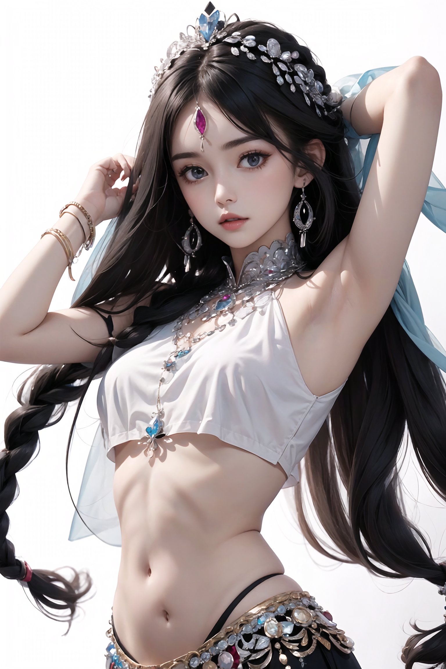  1girl, jewelry, navel, midriff, ring, braid, solo, gem, armpits, long_hair, black_hair,White background