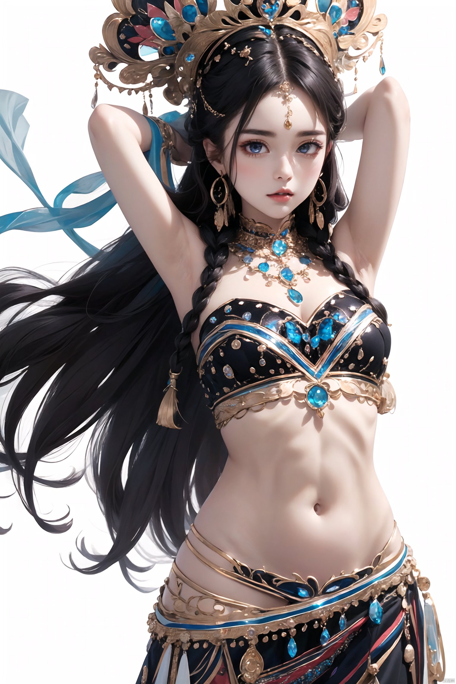  1girl, jewelry, navel, midriff, ring, braid, solo, gem, armpits, long_hair, black_hair,White background