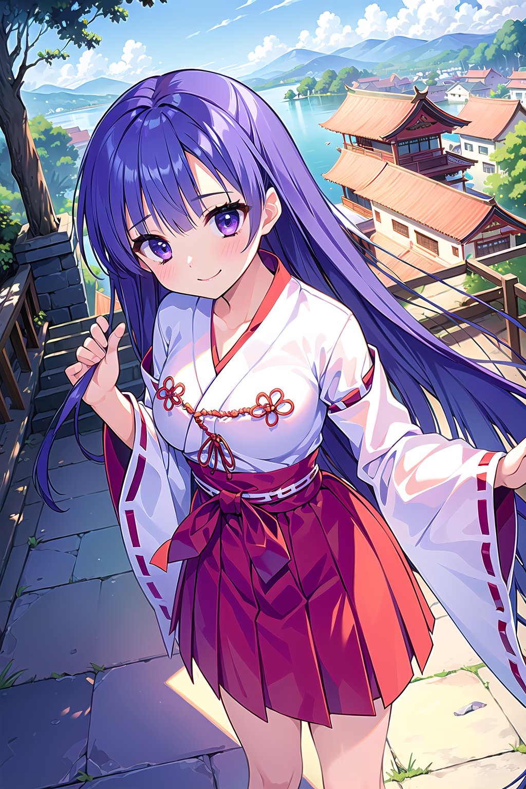 (Masterpiece, Best Quality, High Quality, Best Picture Quality Score: 1.3), (Sharp Picture Quality), Perfect Beauty: 1.5, Purple Hair, Long Hair, (Miko Dress), One, Beautiful Girl, White Ribbon, Very Beautiful View, Hakama, (Most Fantastic View), Best Smile, (Summer Landscape), Shrine Grounds, (Tied Hair ), front angle, stone steps