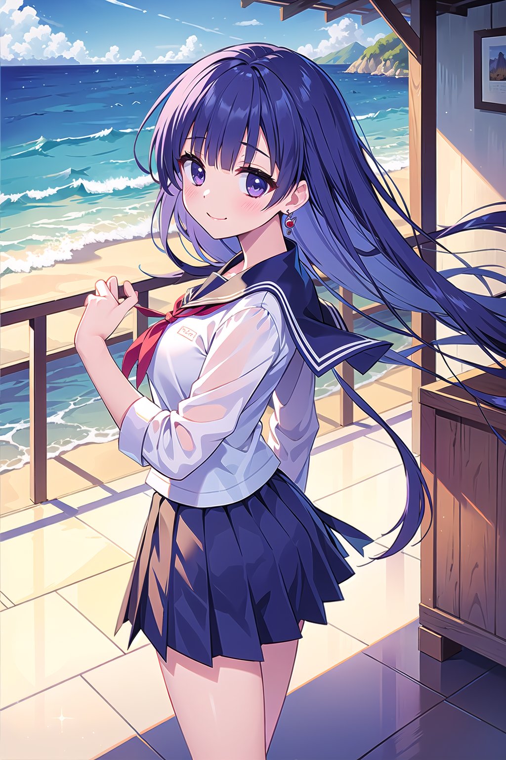 (masterpiece, Best  Quality,  High Quality,  Best Picture Quality Score: 1.3),  (Sharp Picture Quality),  Perfect Beauty: 1.5,purple hair,long hair,  (School Uniform),  One,  Beautiful Girl,long Skirt, Very Beautiful View,Navy blue pleated skirt ,Fluttering Skirt, (Most fantastic view) ,best smile,(Summer Scenery),visible panties ,(Tied hair),One earring,Front angle, station platform, seaside station, thin legs