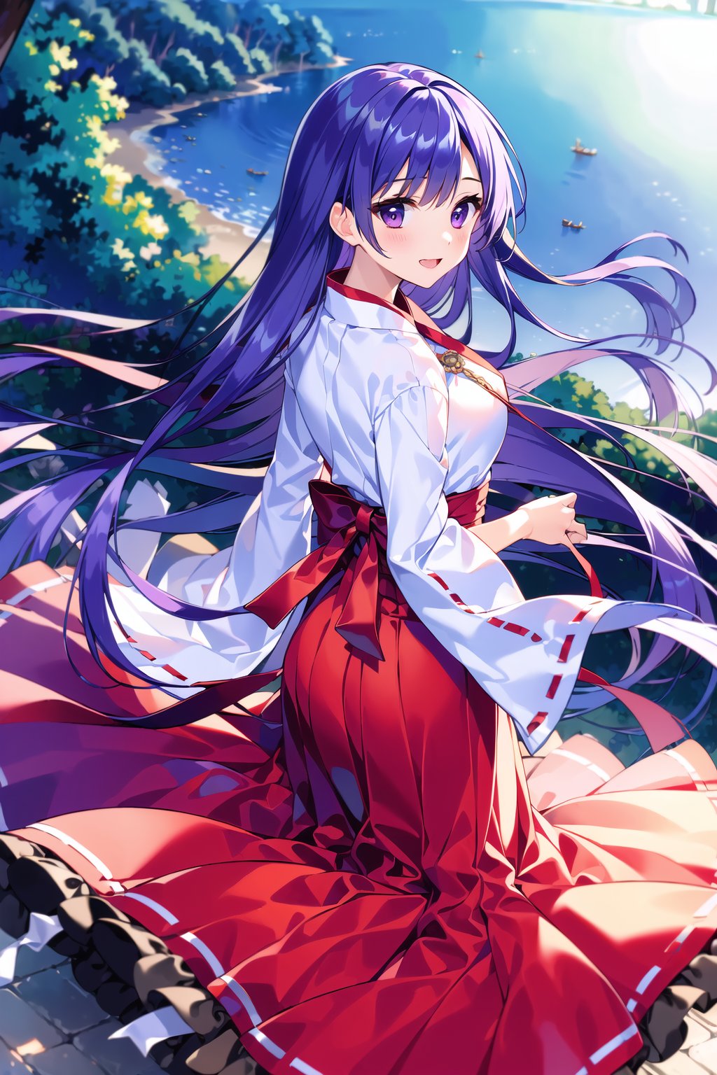 (Masterpiece, Best Quality, High Quality, Best Picture Quality Score: 1.3), (Sharp Picture Quality), Perfect Beauty: 1.5, Purple Hair, Long Hair, (Miko Dress), One, Beautiful Girl, Long Skirt, White Ribbon, Very Beautiful View, Hakama, (Most Fantastic View), Best Smile, (Summer Landscape), Shrine Grounds, (Tied Hair ), front angle, stone steps