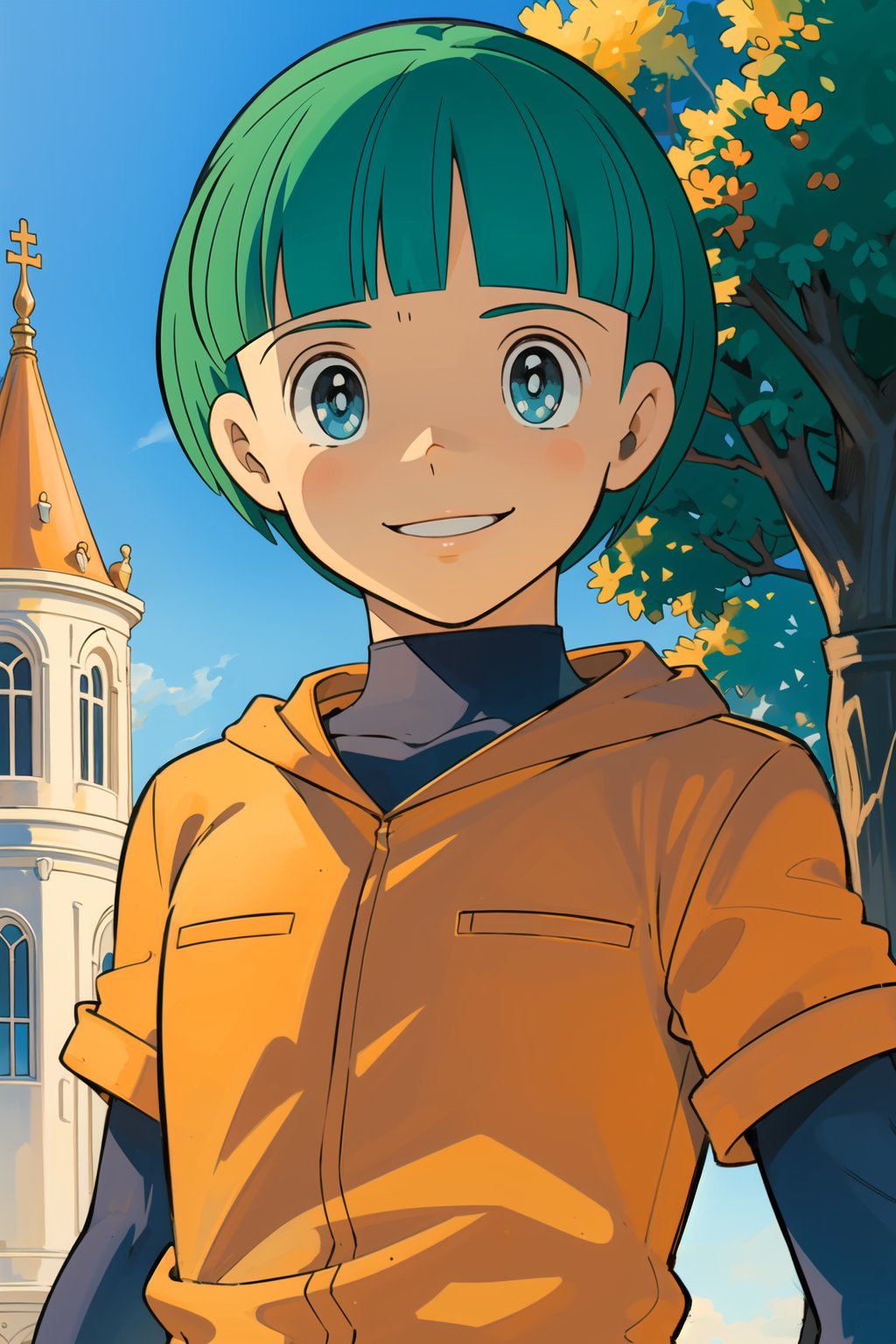 masterpiece, best quality,Looking at viewer, solo, male, 1boy,outdoors, upper_body, light ray, smile, Roppuru,Green hair,blue eyes, orange clothes, 
