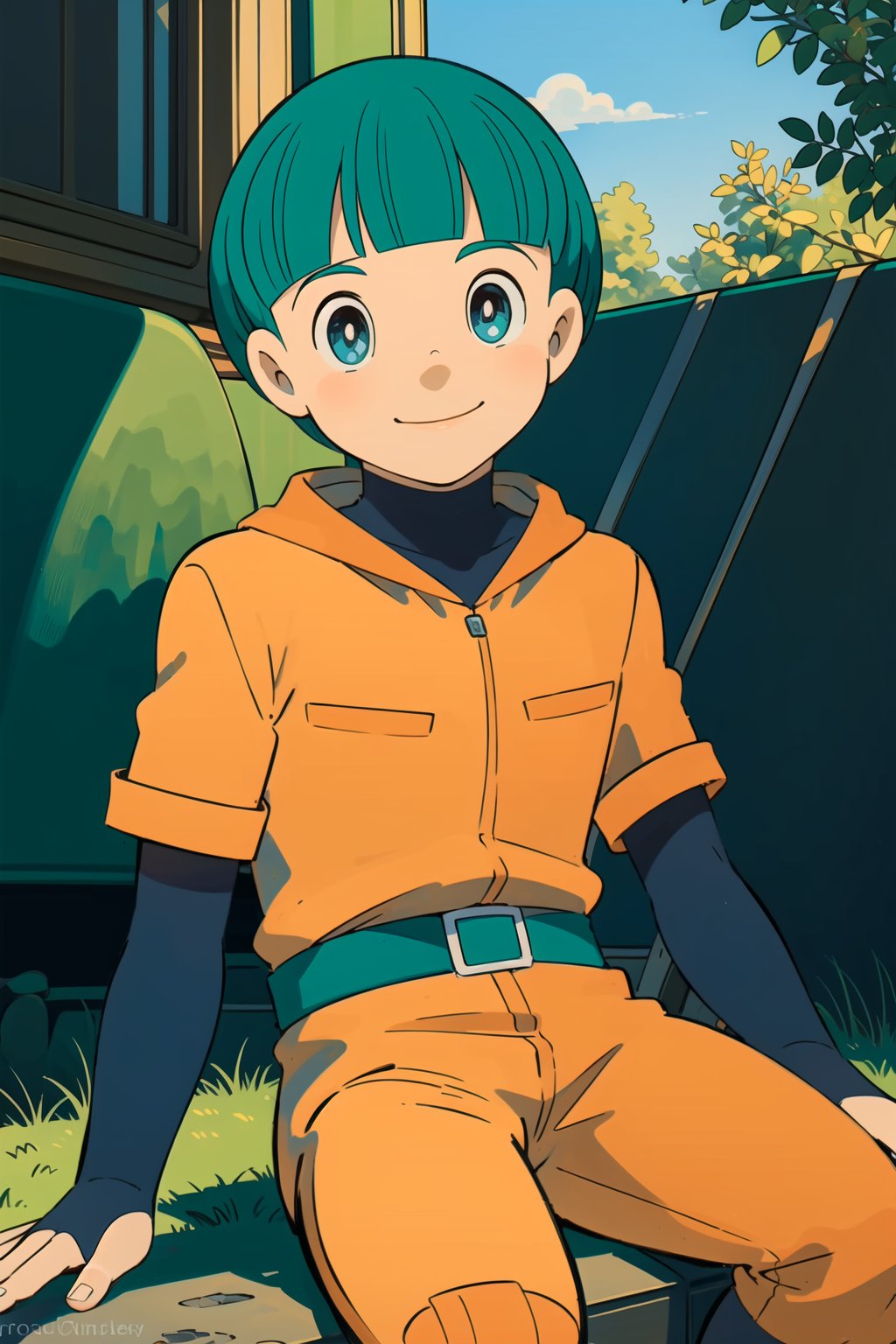 masterpiece, best quality,Looking at viewer, solo, male, 1boy,outdoors, upper_body, light ray, smile, Roppuru,Green hair,blue eyes,sitting, orange clothes,