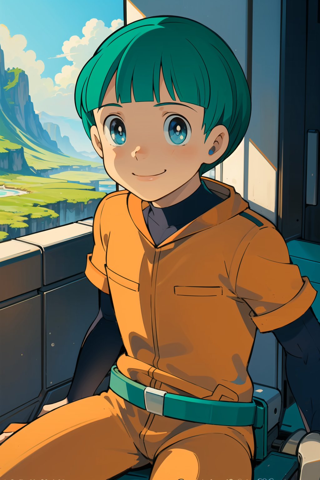 masterpiece, best quality,Looking at viewer, solo, male, 1boy,outdoors, upper_body, light ray, smile, Roppuru,Green hair,blue eyes,sitting, orange clothes, 