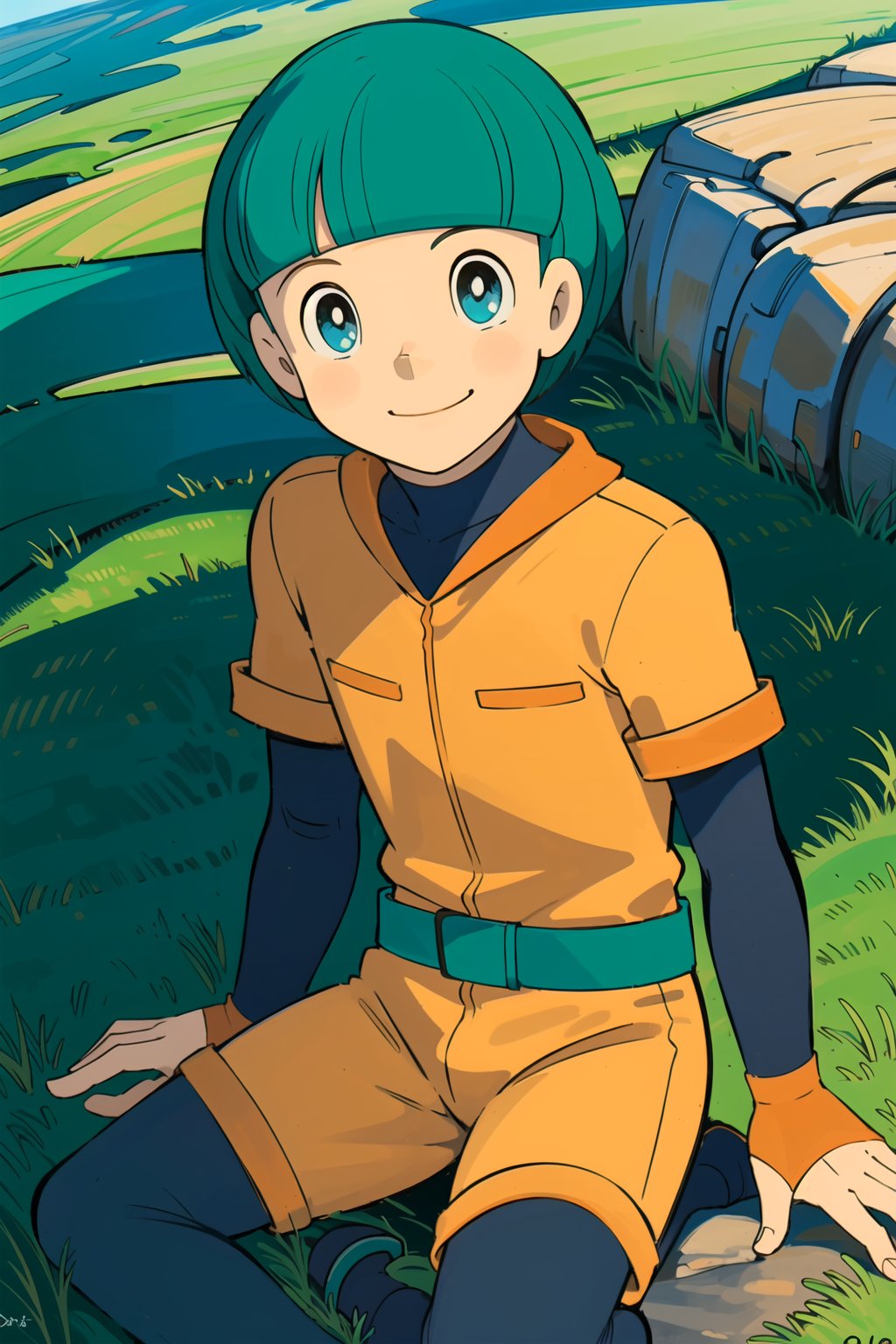 masterpiece, best quality,Looking at viewer, solo, male, 1boy,outdoors, upper_body, light ray, smile, Roppuru,Green hair,blue eyes,sitting, orange clothes,