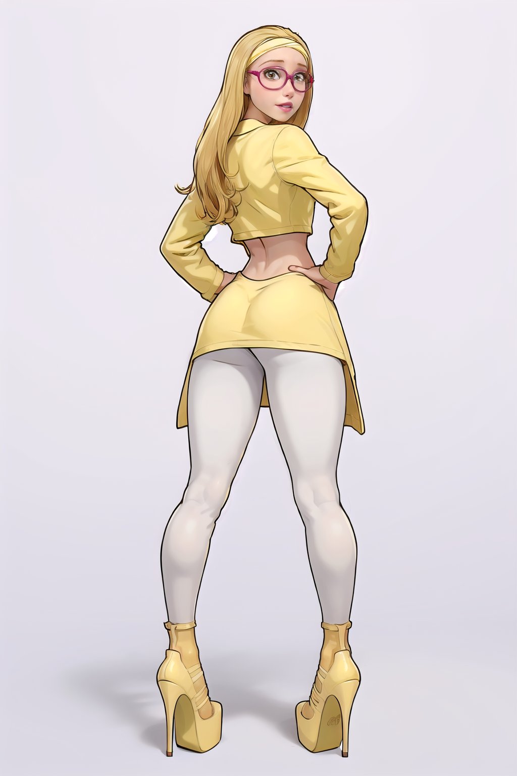 xyzhoneylemon (Rear and front view) . Butterfly exoskeleton costume. High heels. semi-asgap. P1girl, xyzhoneylemon, long hair, portrait, glasses, masterpiece, hairband, high heels, blonde hair, full body, yellow dress, yellow lab coat, white leggings Detailed  wide hips, full