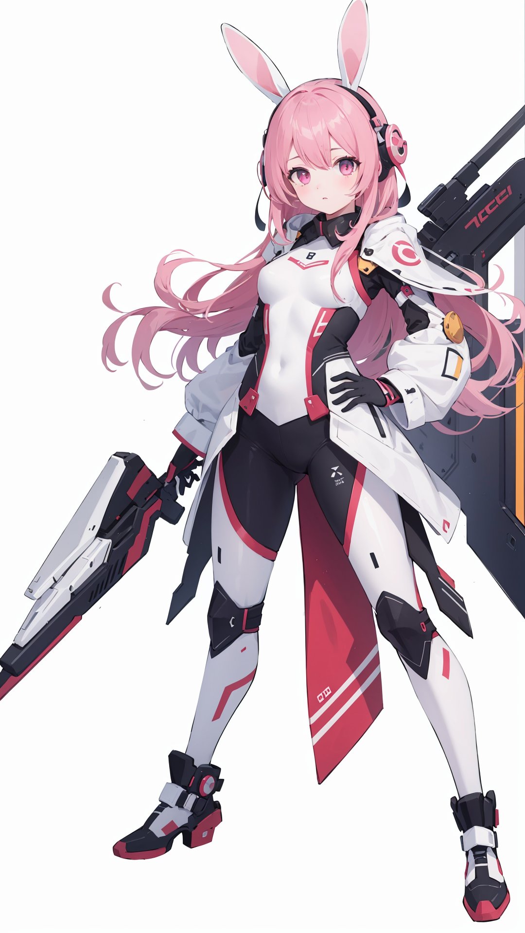 best quality, masterpiece, illustration, 1girl, solo, full body, Rabbit ear, White background, Mechanical, Mechanical body, Pink hair,