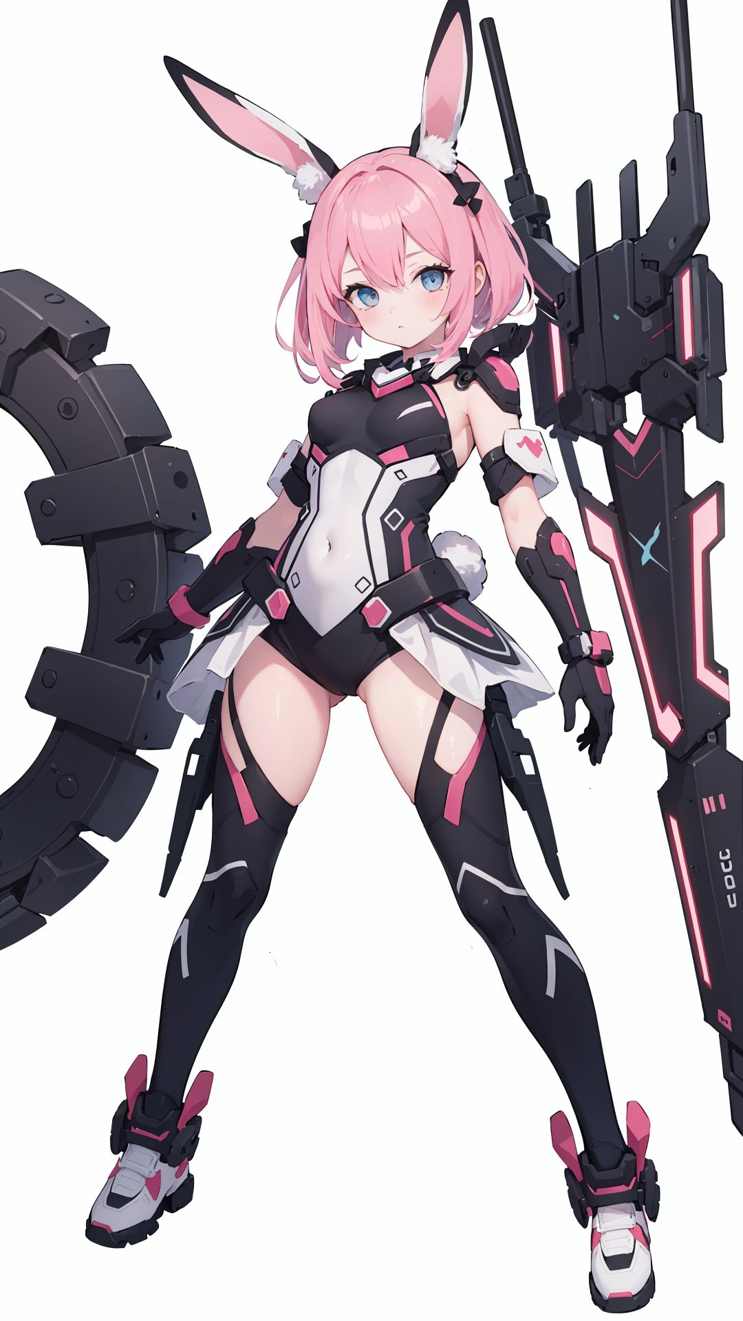 best quality, masterpiece, illustration, 1girl, solo, full body, Rabbit ear, White background, Mechanical, Mechanical body, Pink hair