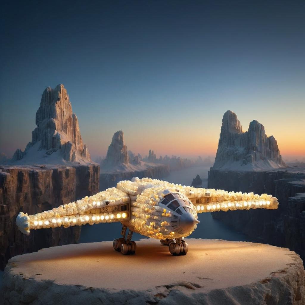 canyon, auroral display,cliff,mountain sunset,karst landscape BREAK <lora:popc:1>popc  small u-wing (star wars, fictional),   spotlights, luggage carrier, underglow lights, glass, eccentric, textured finish, rippled surface,