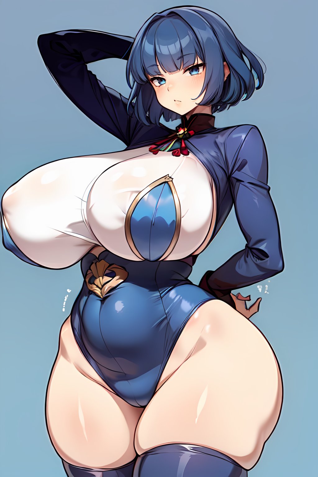 choujiroo, blue hair, huge breasts, short hair, huge hips, blunt bangs, fella