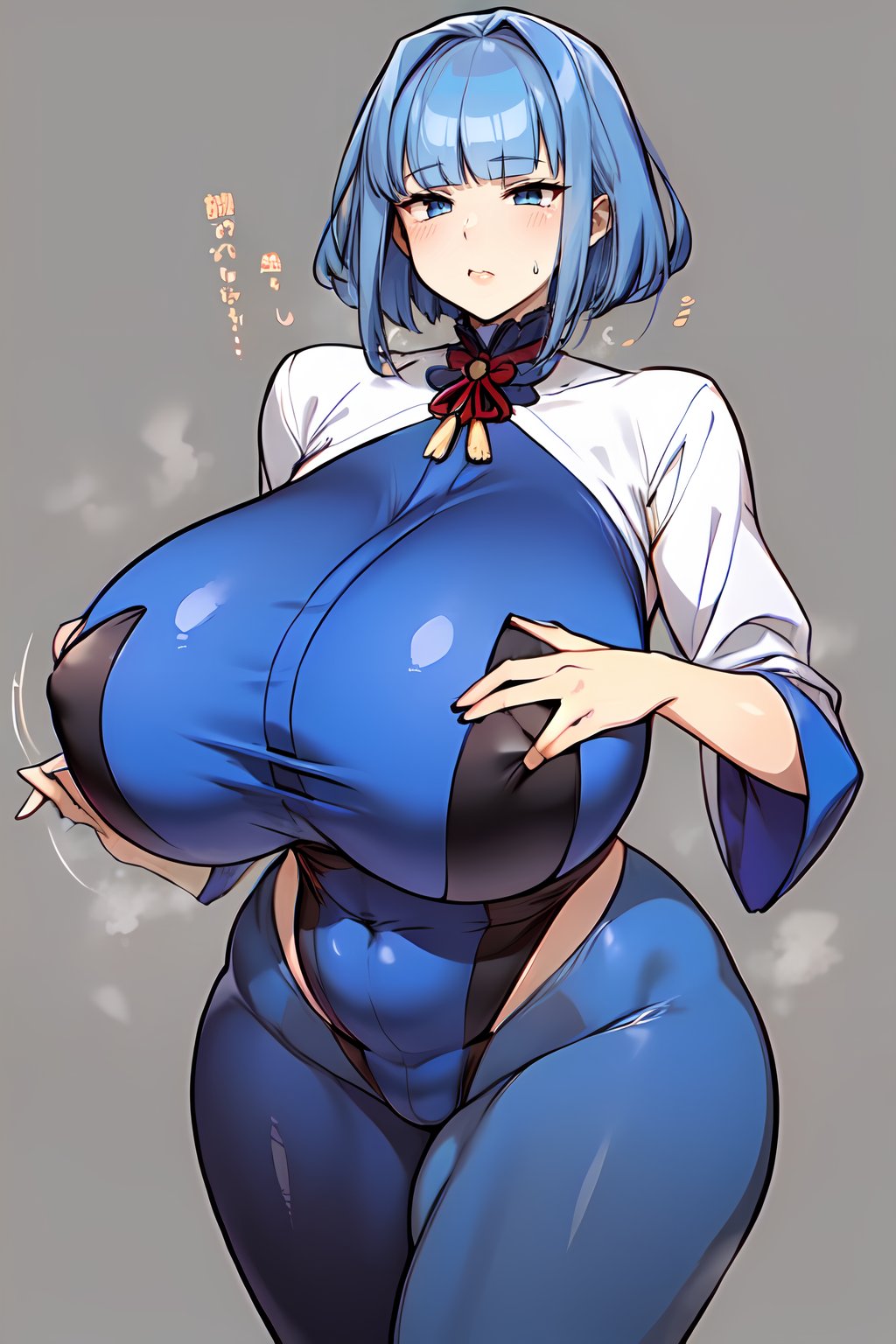 choujiroo, blue hair, huge breasts, short hair, huge hips, blunt bangs, fella, warmm