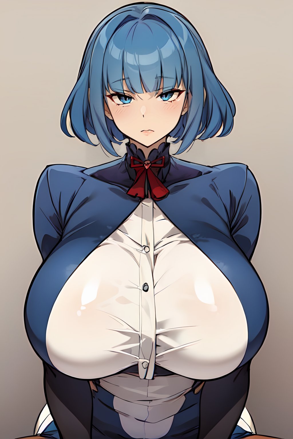 choujiroo, blue hair, huge breasts, short hair, blunt bangs