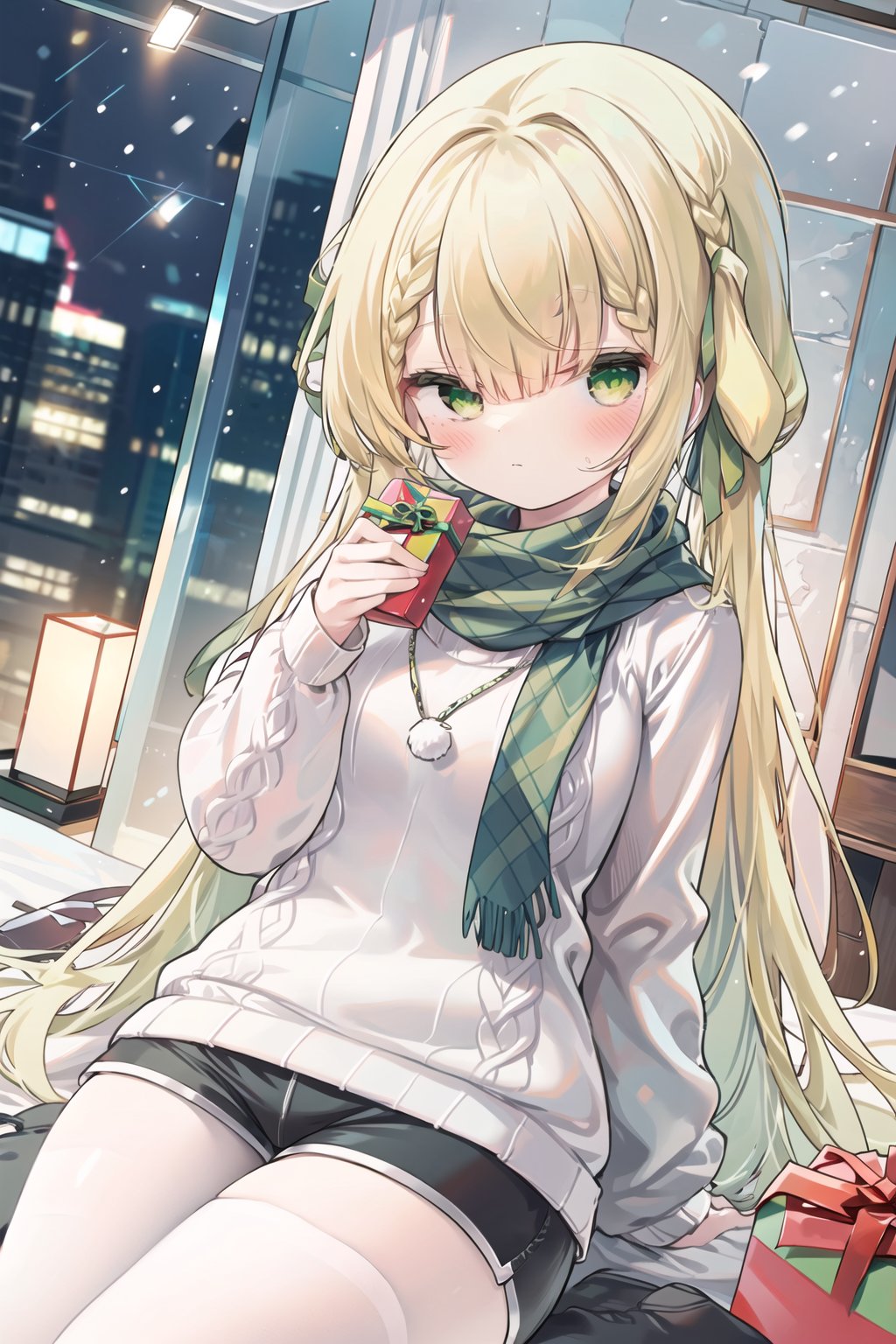 (very long hair,cowboy shot,4349,4349,4349,808,808,808:1),1girl,solo,white sweater,green eyes,sweater,blonde hair,one eye closed,cup,window,long hair,sitting,gift,indoors,blush,green ribbon,bangs,holding cup,looking at viewer,box,shorts,ribbon,christmas tree,black socks,braid,hair ribbon,snowing,brick wall,closed mouth,turtleneck,mug,scarf,gift box,turtleneck sweater,plaid,green bow, 808,white_pantyhose