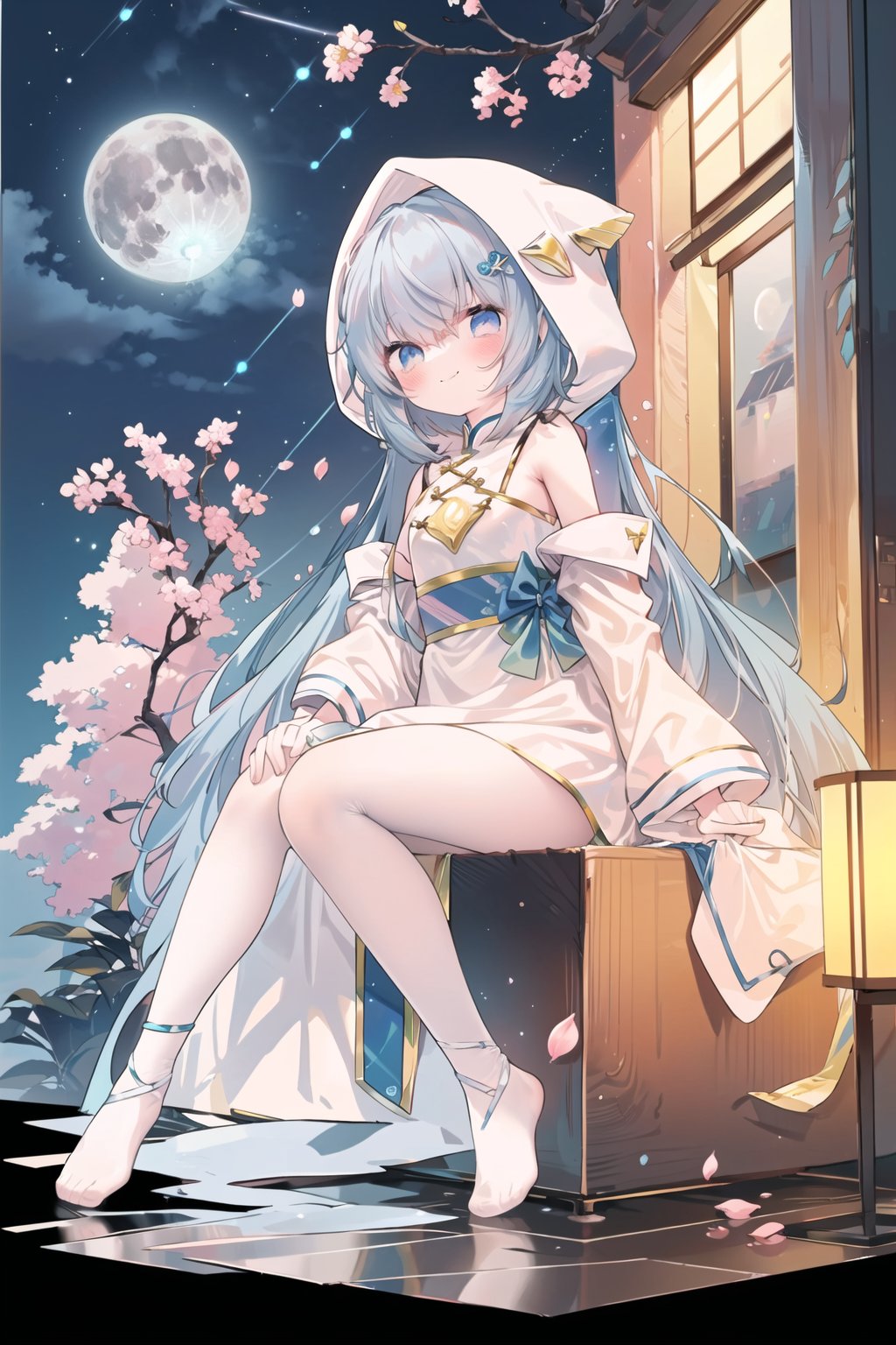 (1girl, blue hair, blue eyes, blush, long hair, smile, happy), (from side), (looking up:1.2), floating sakura petals, white robe, hood, night, star sky, beautiful scenery, Lean against, full moon, (panorama, wide shot, distant view), (full body), ( ink painting, ink splashes, ink wash), cloudy, cirrocumulus, mountains, lake, Chinese style architecture, (Yellow Crane Tower), chinese_trees, branch, (plum blossom), (lotus), petals
