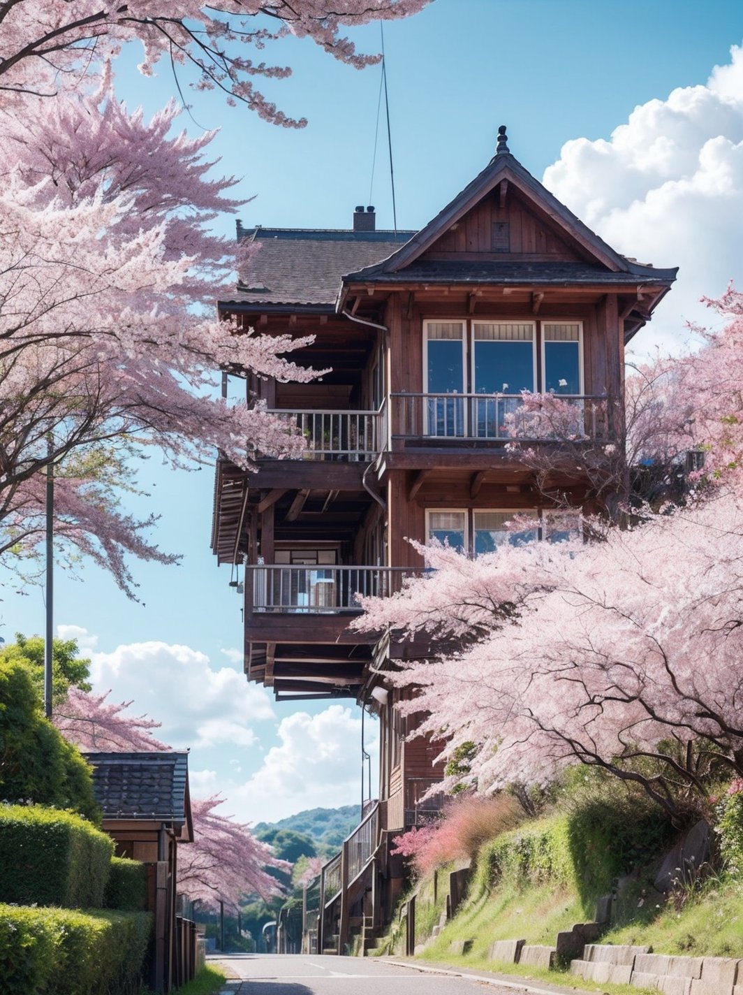 Beautiful pastel background wallpaper, blue sky, clouds, sunshine, ocean, beach, train, railroad crossing, old train station, detailed trees, cherry blossoms, detailed background, 8k, details, ultra realistic, pastelbg, clear water, water way, 