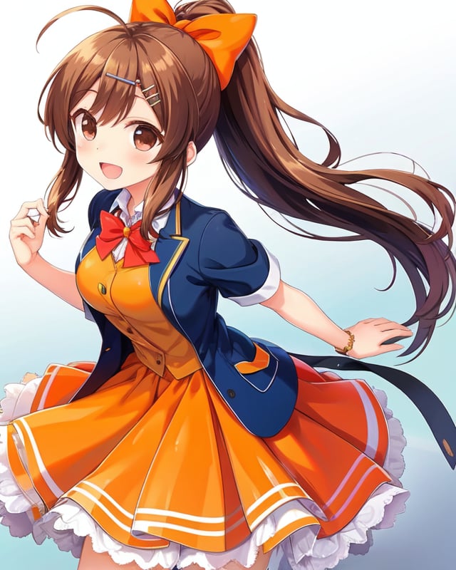 (masterpiece), best quality, high resolution, extremely detailed, (perfect anatomy:1.3), detailed background, perfect lighting, kawaii, nice hands, perfect hands, smooth line, vivid color, Sakurai Akane, GirlFriend BETA, brown eyes, brown hair, ahoge, hair bow, hair ornament, hair ribbon, hairclip, ponytail, orange ribbon, (large breasts:0.8), smile, 1girl, solo, full body, cowboy shot, school