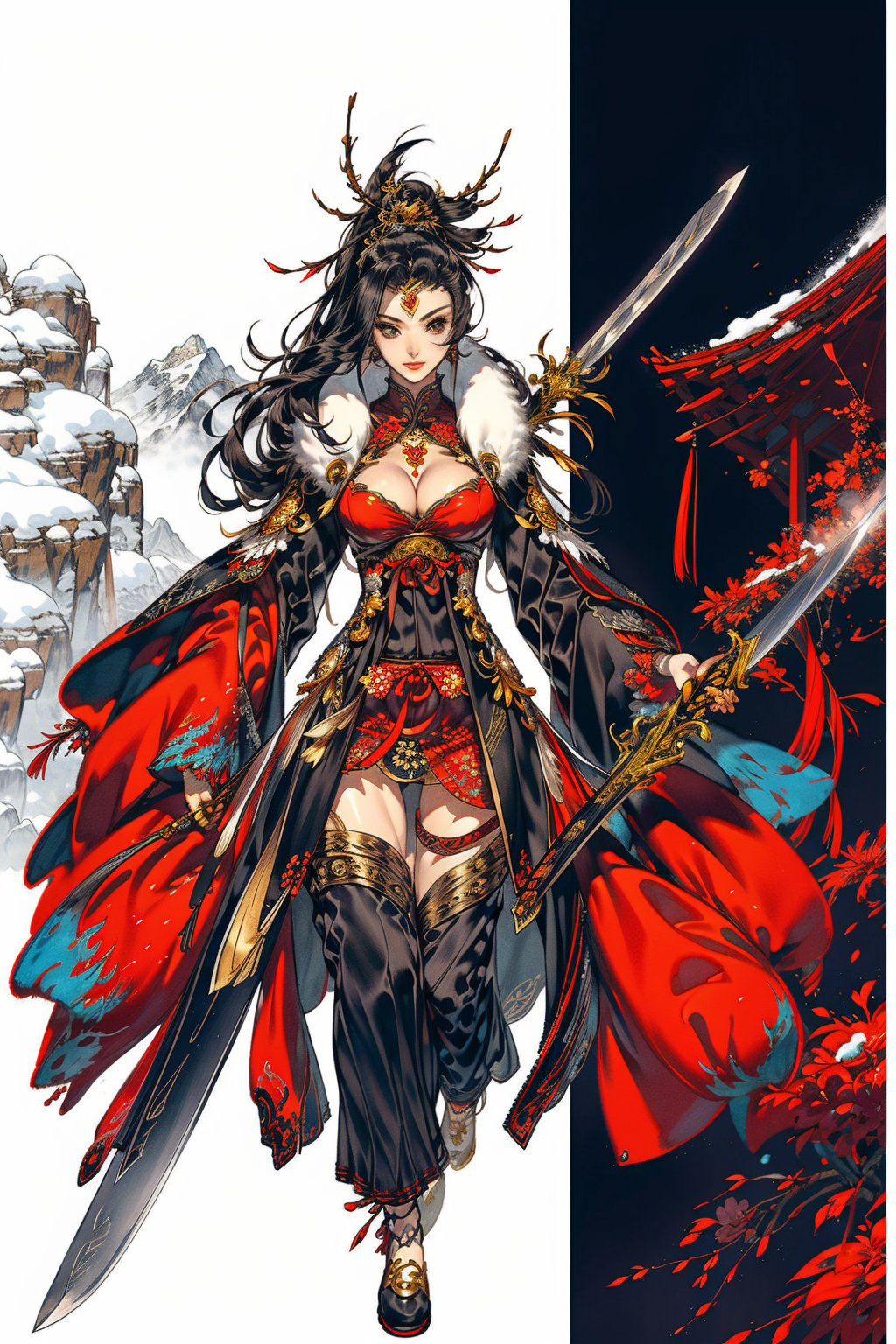 Dancing swords on snowy mountains,  heavy snow,  ancient style,  sword dancing,  strong wind,  long sleeves,  imperial sister,  woman,  tall figure,  lipstick,  black long hair,  cleavage,  thin waist,  raised hips,  blushing,  translucent,  pink eyes,  heart-shaped pupils,  saliva,  black and white Taoist robe,  golden pattern,  white silk stockings,  cranes,  Taoist,  Hyung Tae Kim,  BY MOONCRYPTOWOW,<lora:EMS-89881-EMS:0.800000>,<lora:EMS-227895-EMS:0.800000>,<lora:EMS-2121-EMS:0.800000>