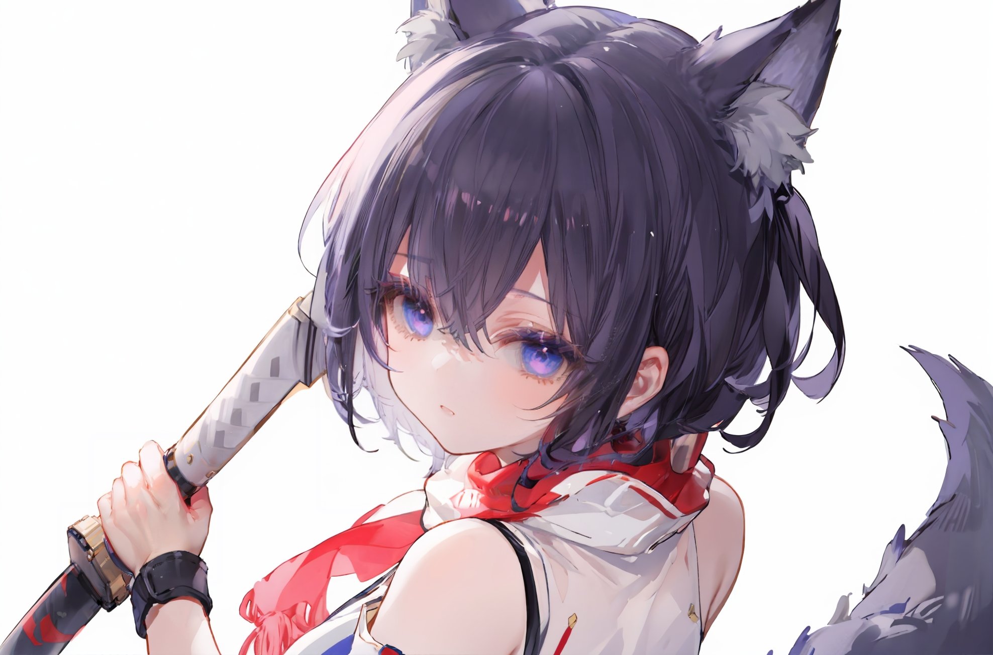 masterpiece,best quality,high detailed,1girl, solo, fox ears,fox tail,wide shot,ninja,detailed face,detailed eyes,ofuda,weapon,raise the sword,holding katana,katana,fighting stance,flying ofuda,bare shoulder,slanted eyes,flaming eyes,purple lightning eastern dragon, eastern dragon surrounds katana sword,genji (overwatch) (cosplay)}}},suomi_(korvatunturi_pixie)_(girls'_frontline),haoni,[kedama milk],mika_pikazo,[[As109]], pulled by self,from behind,white background, close-up, oiled,shiny skin,small breasts,commercial light and shadow,from above,cowboy shot,motion lines, motion blur,scarf,[[strong]],slanted eyes,angry,, best quality, amazing quality, very aesthetic, absurdres<lyco:GoodHands-beta2:0.9>