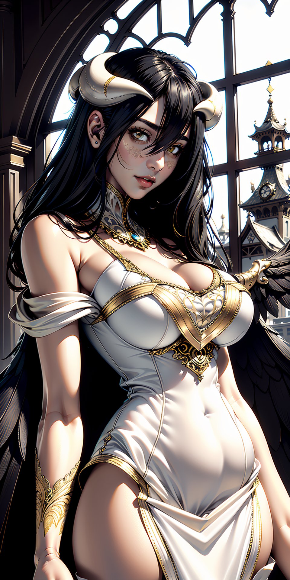 highres, sharp focus, pixiv masterpiece, ((intricate details)), highly detailed, 1girl, black wings, white dress with gold, white horns, albedo_overlord, black hair, (low wings,:1.1), upper body, castle on background , Albedo_Overlord