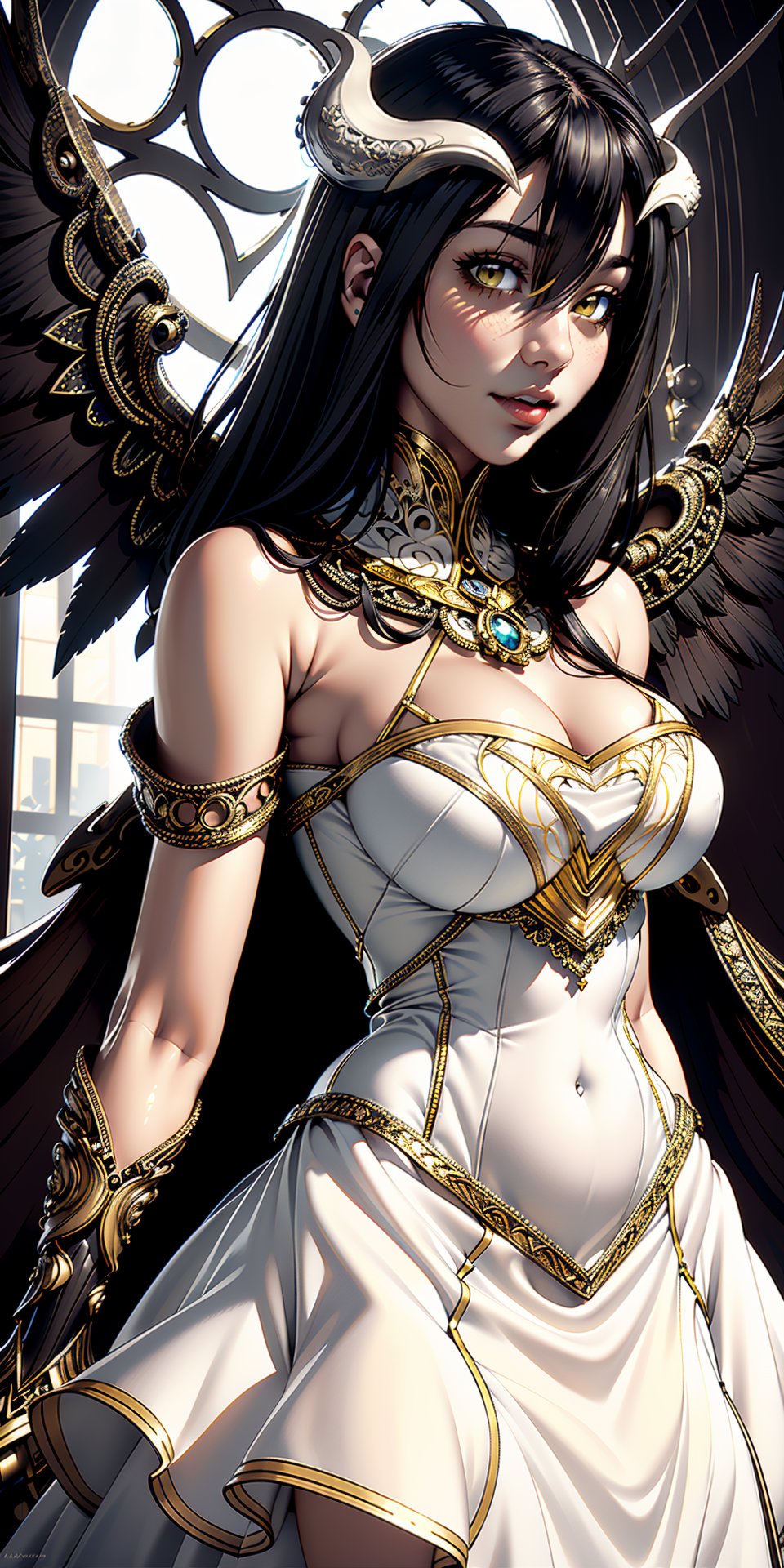 highres, sharp focus, pixiv masterpiece, ((intricate details)), highly detailed, 1girl, black wings, white dress with gold, white horns, albedo_overlord, black hair, (low wings,:1.1), upper body, castle on background , Albedo_Overlord