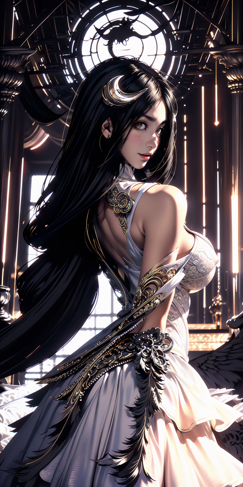 highres, sharp focus, pixiv masterpiece, ((intricate details)), highly detailed, 1girl, black wings, white dress with gold, white horns, albedo_overlord, black hair, (low wings,:1.1), upper body, castle on background , Albedo_Overlord, BY MOONCRYPTOWOW