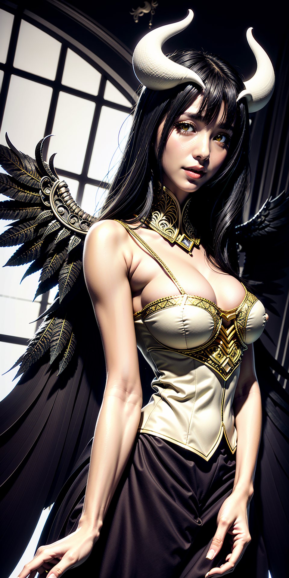 highres, sharp focus, pixiv masterpiece, ((intricate details)), highly detailed, 1girl, black wings, white dress with gold, white horns, albedo_overlord, black hair, (low wings,:1.1), upper body, castle on background , Albedo_Overlord, BY MOONCRYPTOWOW