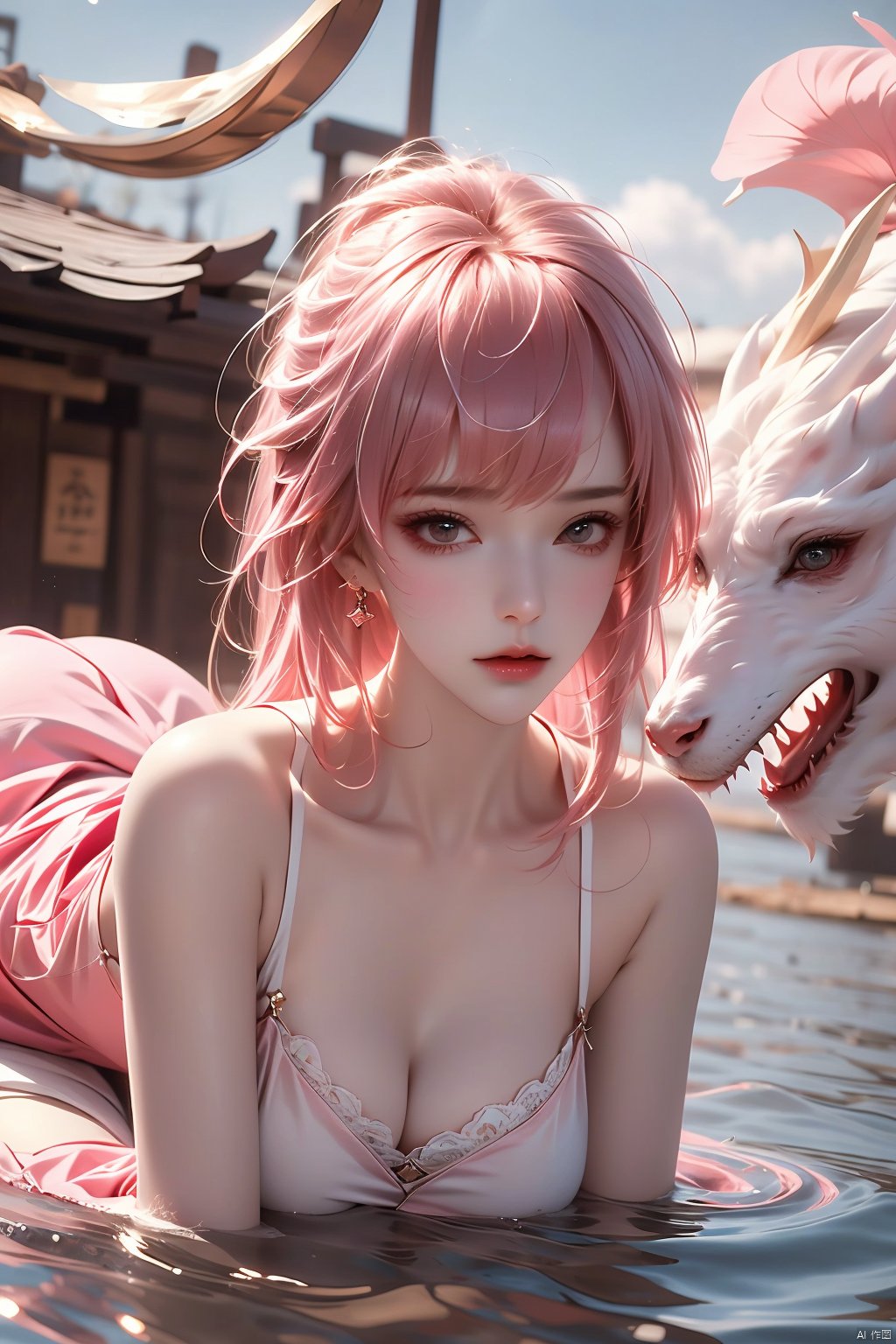 (Ultra wide angle lens),  viewed from below, 1girl, Wide angle lens,  pink dress,  bare shoulders, hair between eyes,  outdoor,  pink hair,  sky,  solo,  wading,  (white dragon),  Nebula,  gongsunli,<lora:EMS-80191-EMS:0.700000>,<lora:EMS-237980-EMS:0.800000>