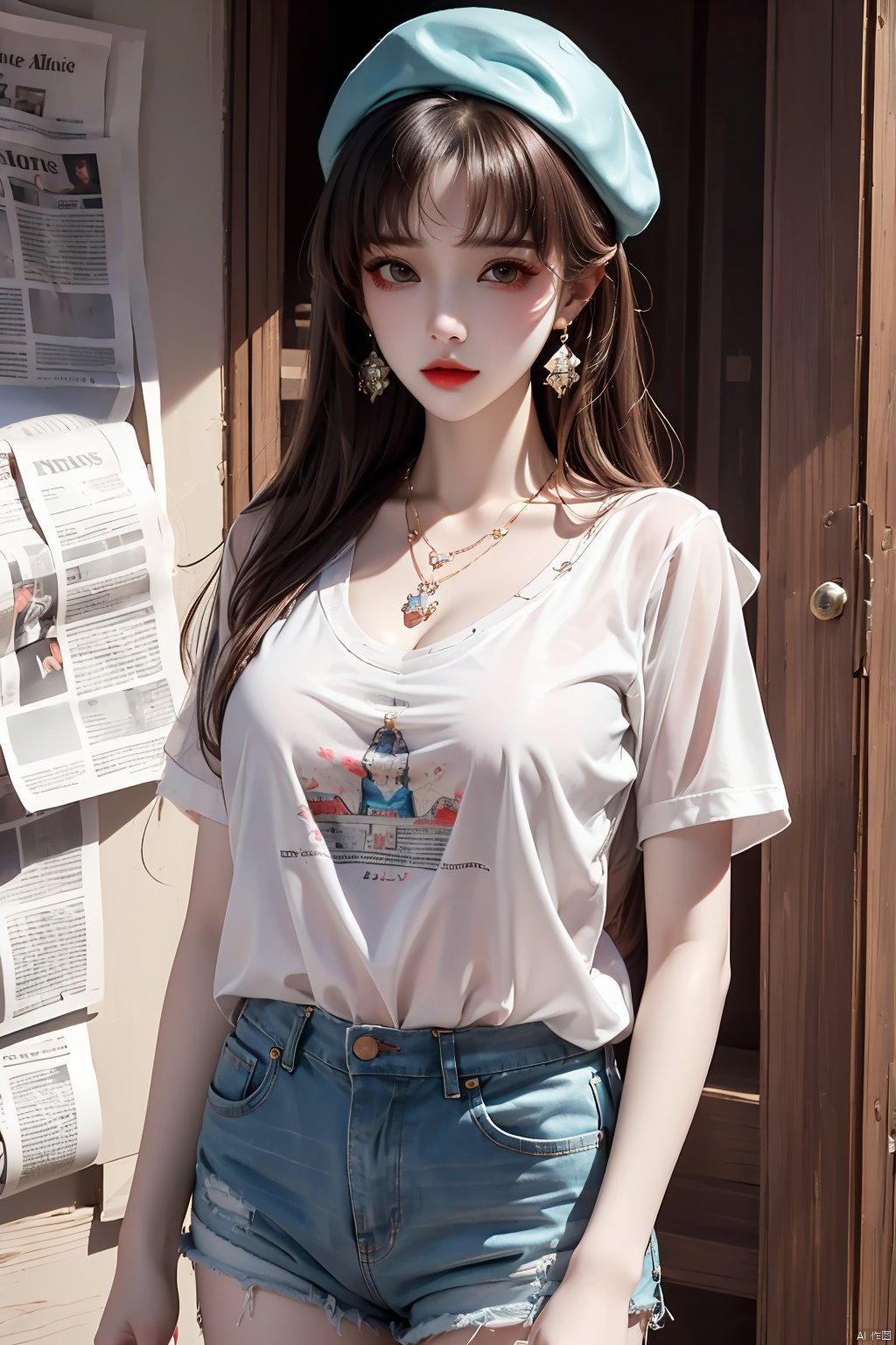 best,  masterpiece,  bright,  solo,  1girl,  beret,  string,  shorts,  t-shirt,  aqua eyes,  jewelry,  Necklace,  Earrings,  Collocation,  newspaper,  8k,  UHD,  high quality,  gongsunli,  (\meng ze\),<lora:EMS-299335-EMS:0.300000>,<lora:EMS-10508-EMS:0.200000>,<lora:EMS-237980-EMS:0.800000>