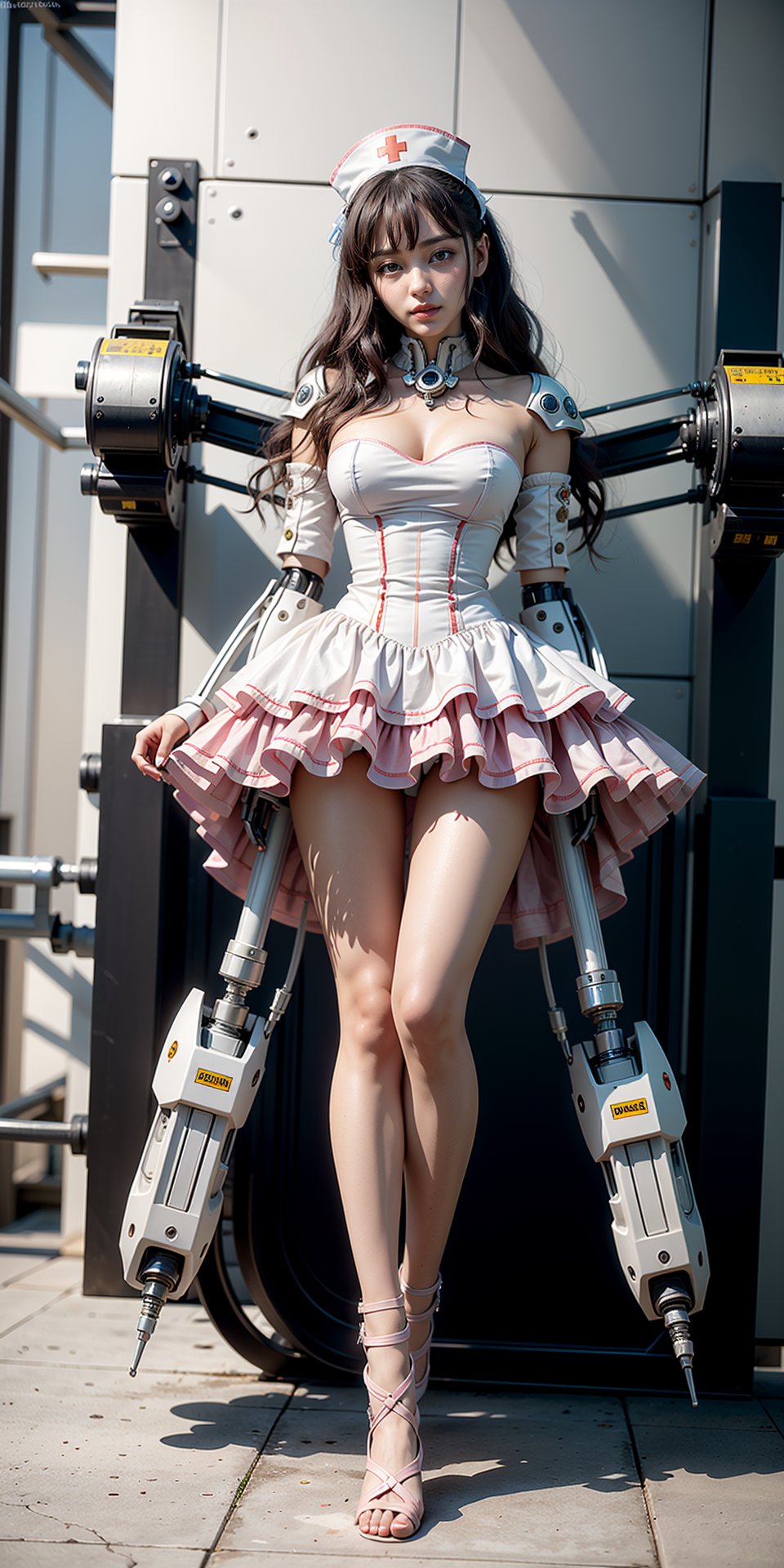 (masterpiece, top quality, best quality, official art, beautiful and aesthetic),1nurse,solo,a girl wearing a pink ruffle dress,wide shot,lying on operating bed,(full body:1.4),(white mecha:1.2),mechinery arms,nurse cap,cutoff,pantyhose,big breasts,(light pink and dark white),futurial hospital,(big syringe),glass infusion bottles,medical equipment,(complex large amounts of transparent infusion tubes connecting the body:1.2),vivid fancy color,streamlined design,creased crinkled wrinkled,intricate cut-outs,spread legs,stommach interior, Mecha dress