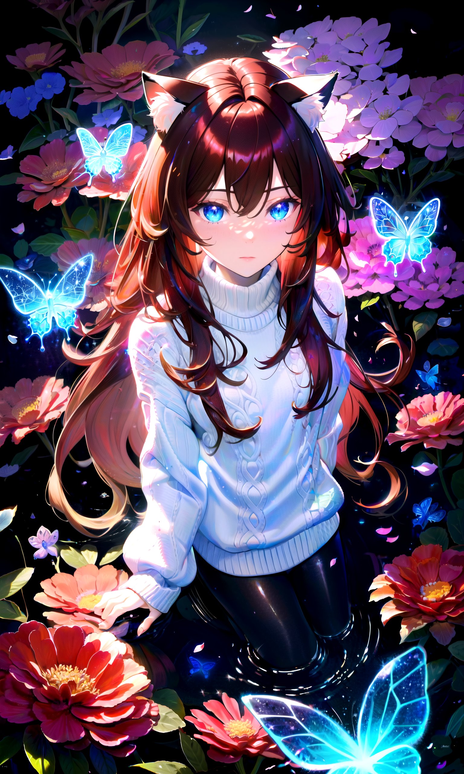 (masterpiece, best quality, highres), 1girl, raifu, solo, pov, close-up, from above, BREAKdark background, black background, depth of field,fractals, lineart background, colorful background, flowers, petals,rim lighting, crystals, butterfly, vegetation, aura, magic, water,BREAKdark red hair, (long hair:0.8), blue eyes, straight hair, cat ears,(medium breasts:0.8), mature female, (white sweater:1.1),