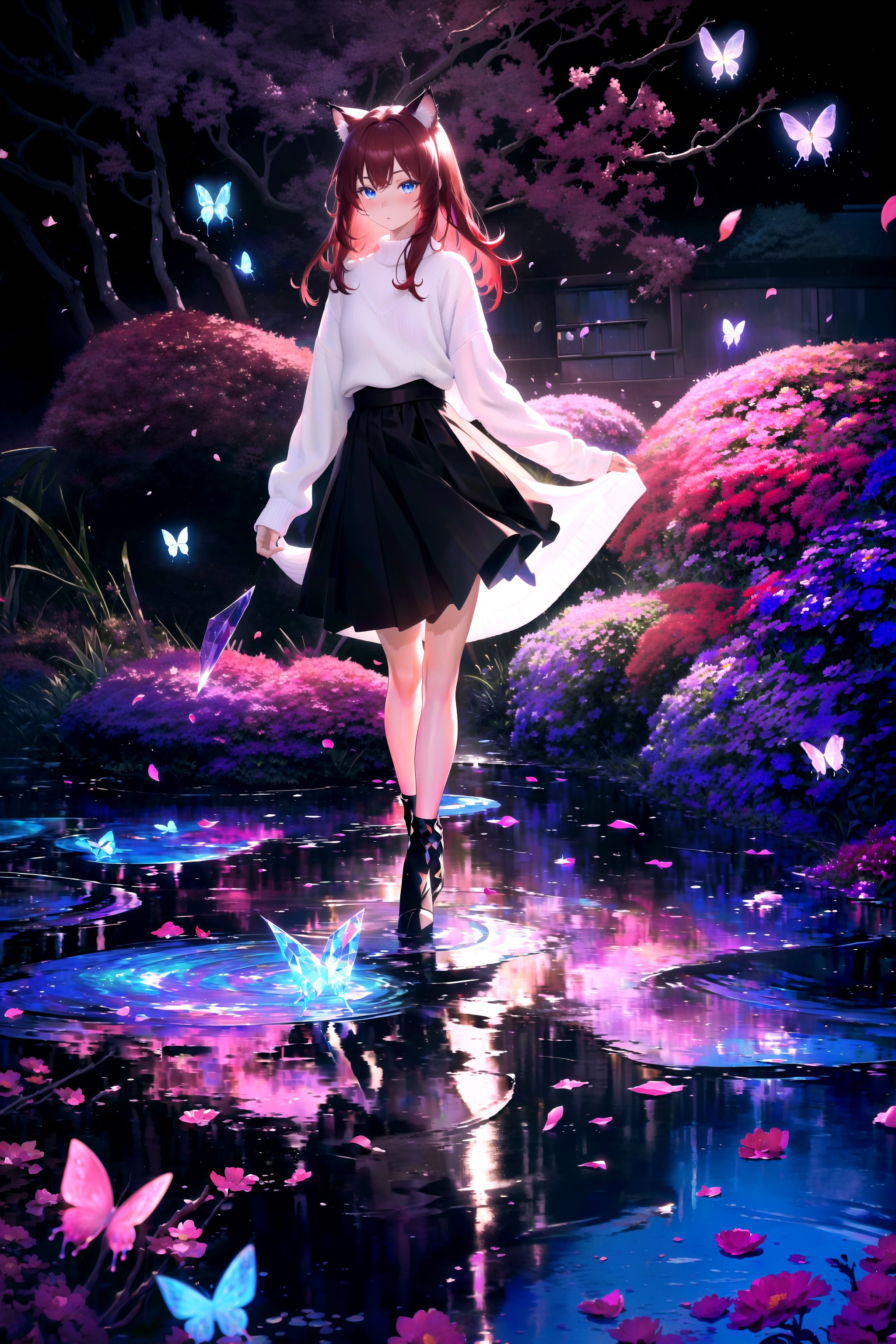 (masterpiece, best quality, highres), 1girl, raifu, solo, abstract, full body,BREAKdark background, depth of field, rim lighting, flowers, petals,crystals, butterfly, vegetation, aura, magic, water,BREAKdark red hair, blue eyes, straight hair, cat ears, blush,(medium breasts:0.8), mature female, white sweater,