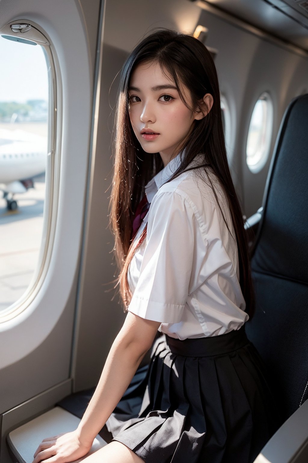 1girls,solo,thai school uniform,black skirt,low angle photo,
Translucent panties,(look at viewer:1.4), (Inside the aircraft: 1.2), front-view  ,masterpiece, best quality, wallpaper, ultra-detailed,
Soft Illumination, Gentle Shading, Subtle Depth, masterpiece,best quality, beautiful and aesthetic,The edges of the eyelashes are thick and sharp,Sharp picture 4k,colorful pictures, 
