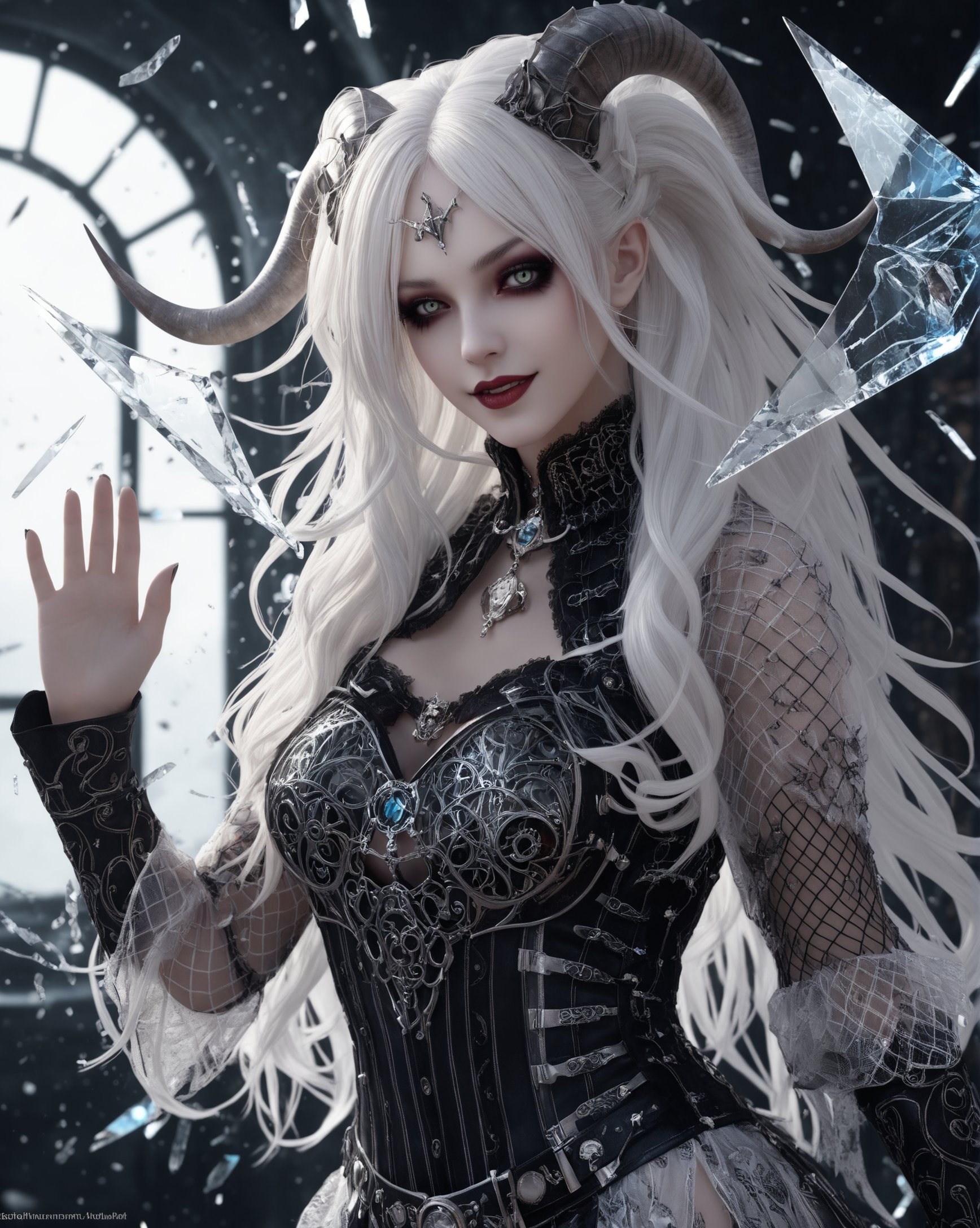 half body shot, 1 girl, (masterful), albino demon girl with lethargic sleepy smokey eyes,sadistic smile, vampyre fangs, (white dreadlocks hair),((slit pupil eyes)),mesh fishnet blouse, (long intricate horns:1.2) , best quality, highest quality, extremely detailed CG unity 8k wallpaper, detailed and intricate, ,steampunk style,Glass Elements,  LegendDarkFantasy, <lora:LegendDarkFantasy-000001:0.5>,  shards, broken glass, Made_of_pieces_broken_glass, <lora:Made_of_pieces_broken_glass-000001:0.3>, dark shot:1.17,   <lora:HDRv1:0.3>, dynamic pose, waving to the viewer