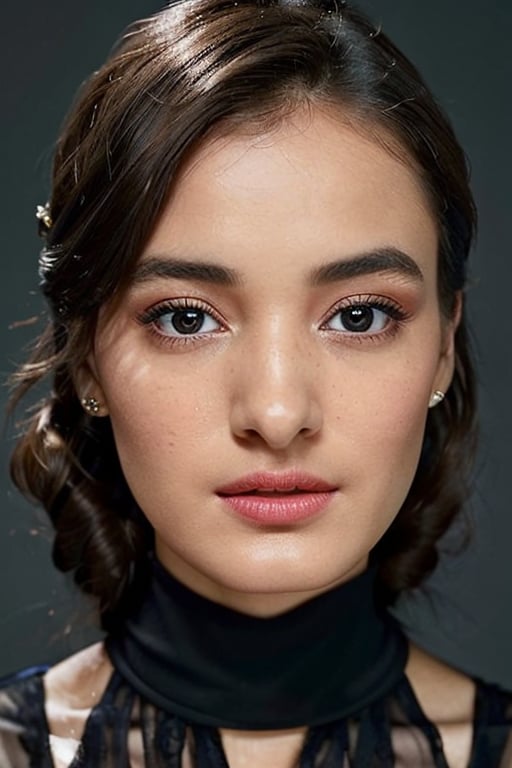 A detailed portrait of a young woman exuding elegance and natural grace. She has a voluminous updo hairstyle with wisps of hair tenderly framing her face. Her hazel eyes are accentuated by tasteful makeup, with a few light freckles across her nose and cheeks. She wears a high-necked black top, suggesting a blend of casual refinement. The lighting should illuminate her face against a subdued background, emphasizing her calm and confident expression. High Fashion, dynamic, dramatic, elegant, High fashion Vogue cover Dramatic photography, supermodel, avant garde style,Salshabilla,est4,Maudyaunda